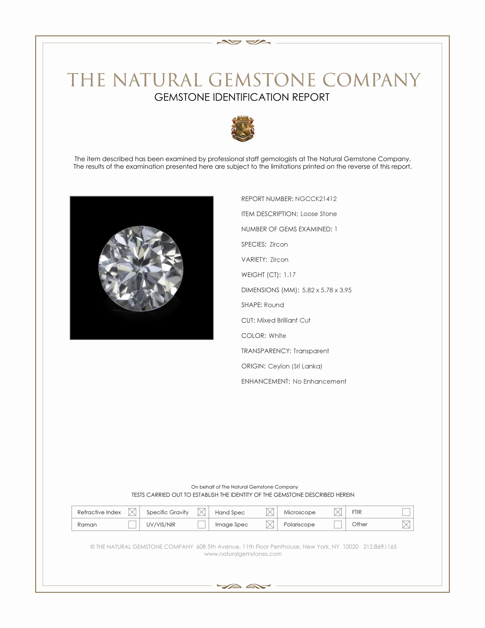 1.17 Ct. White Zircon from Ceylon (Sri Lanka)