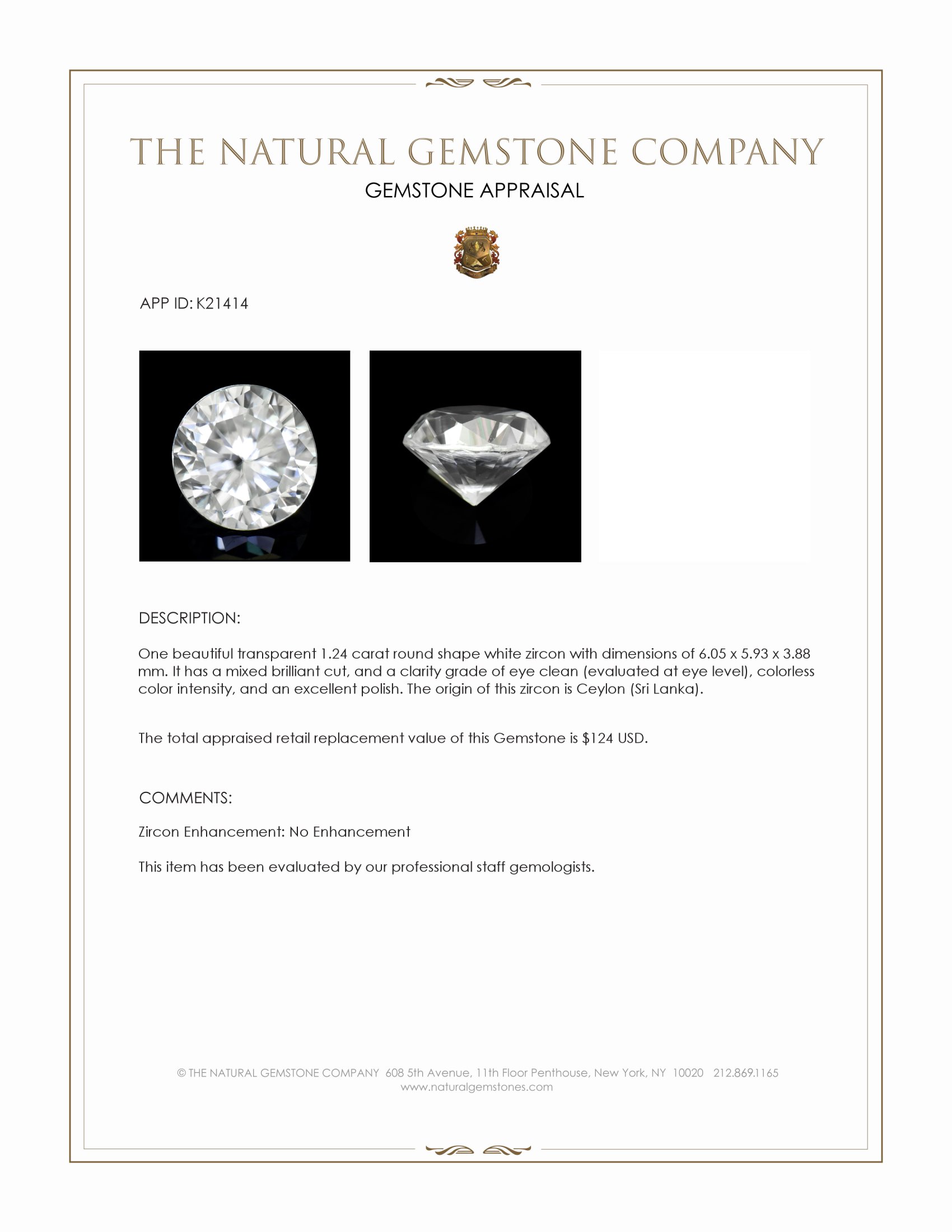 1.24 Ct. White Zircon from Ceylon (Sri Lanka)