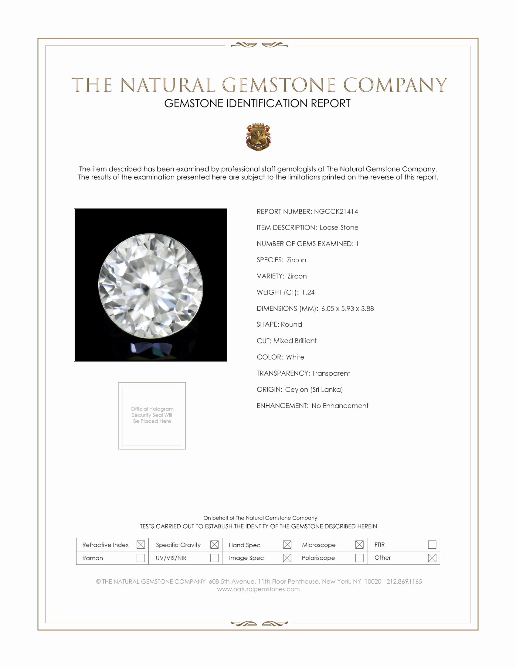 1.24 Ct. White Zircon from Ceylon (Sri Lanka)