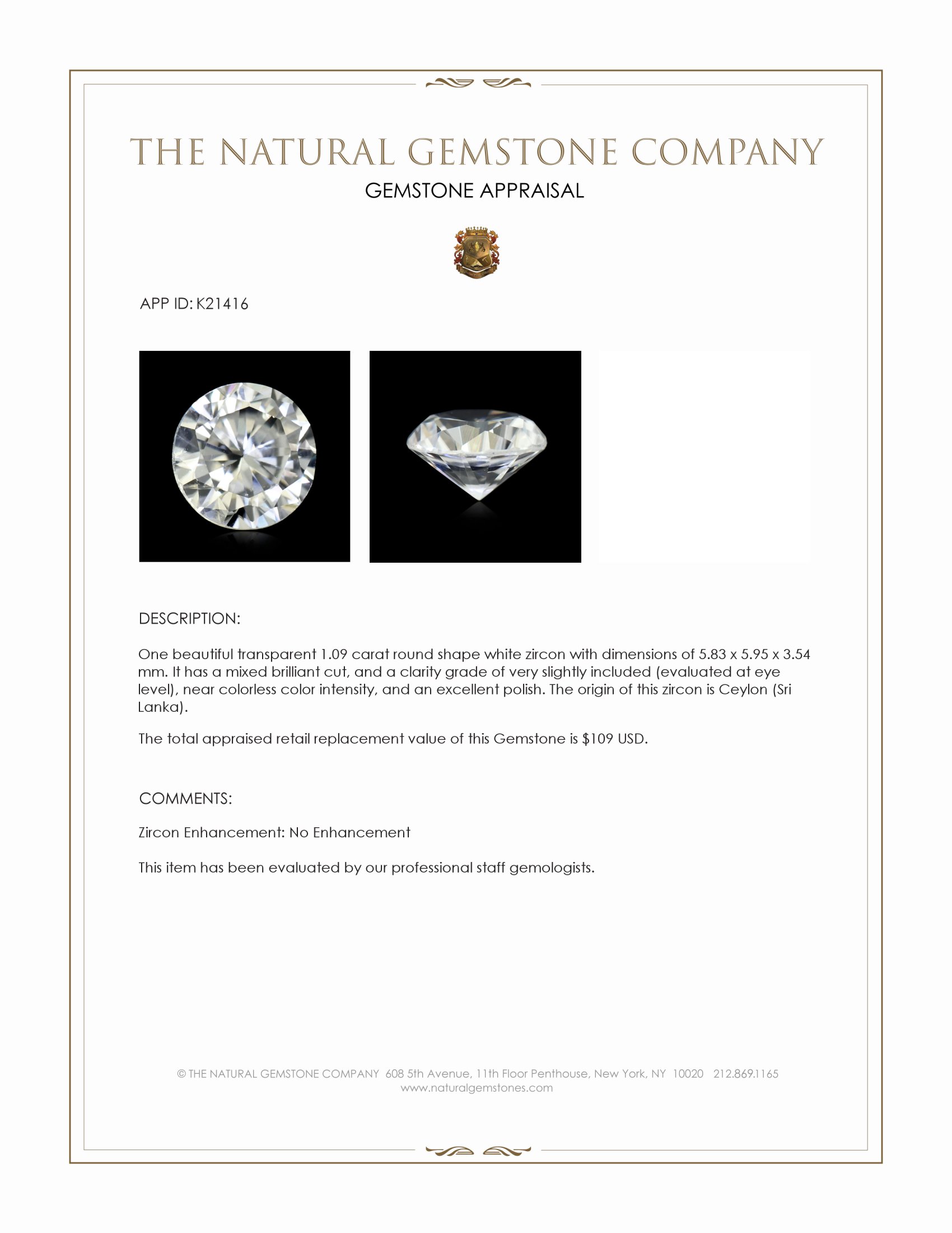 1.09 Ct. White Zircon from Ceylon (Sri Lanka)