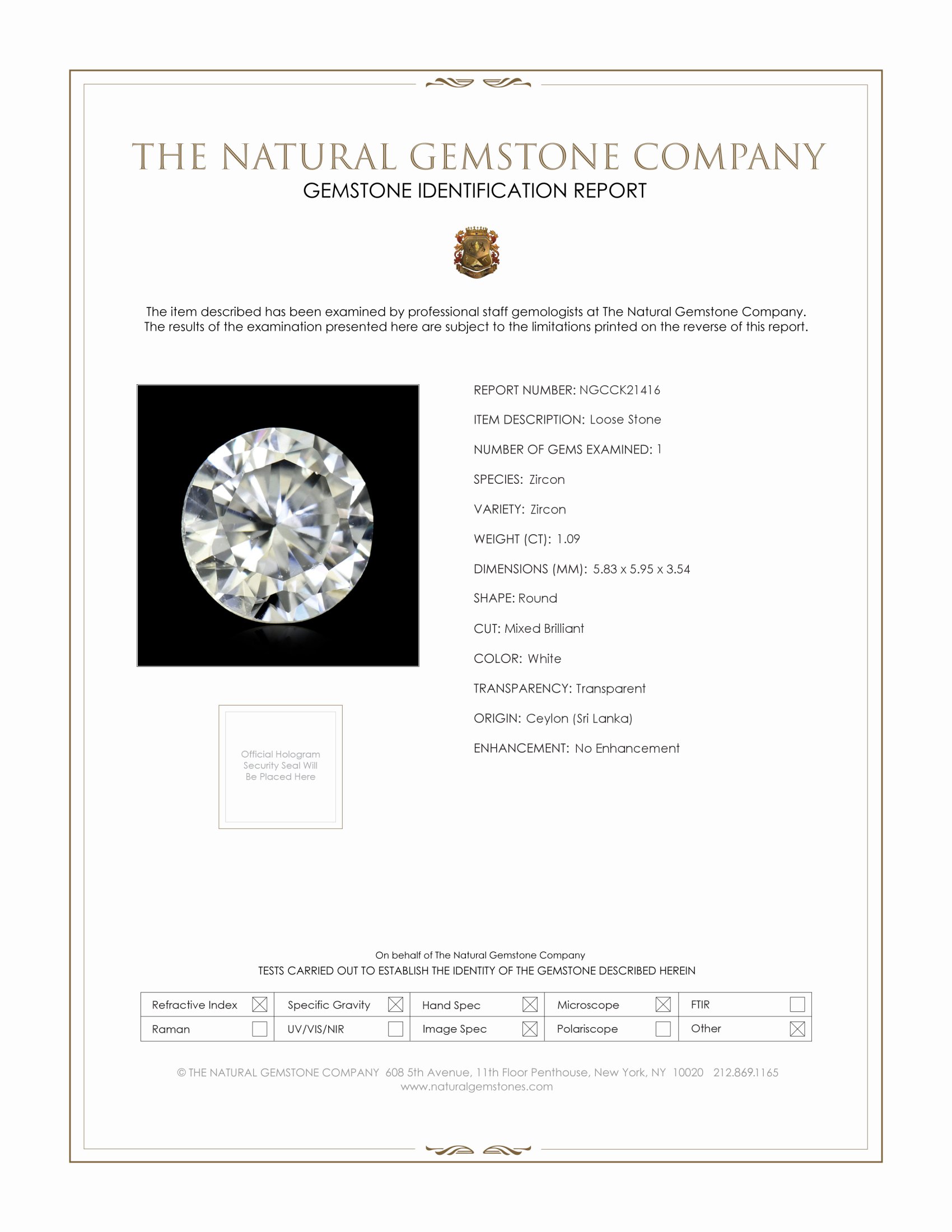 1.09 Ct. White Zircon from Ceylon (Sri Lanka)