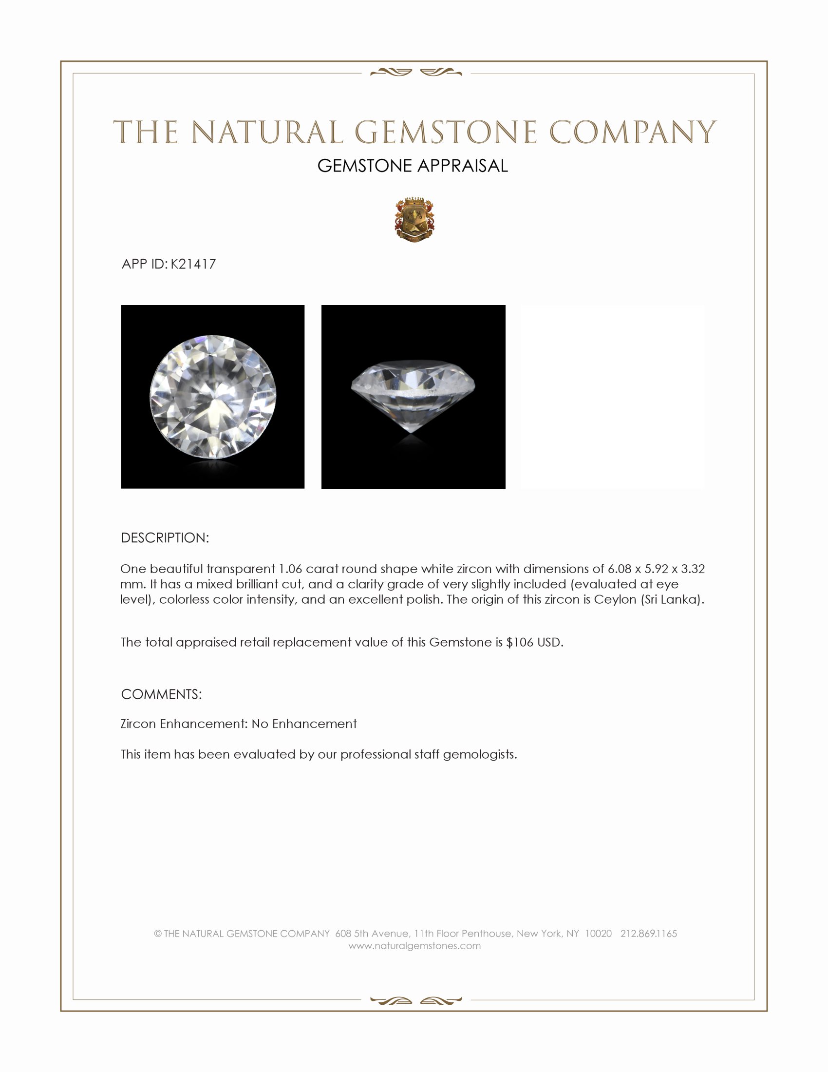 1.06 Ct. White Zircon from Ceylon (Sri Lanka)