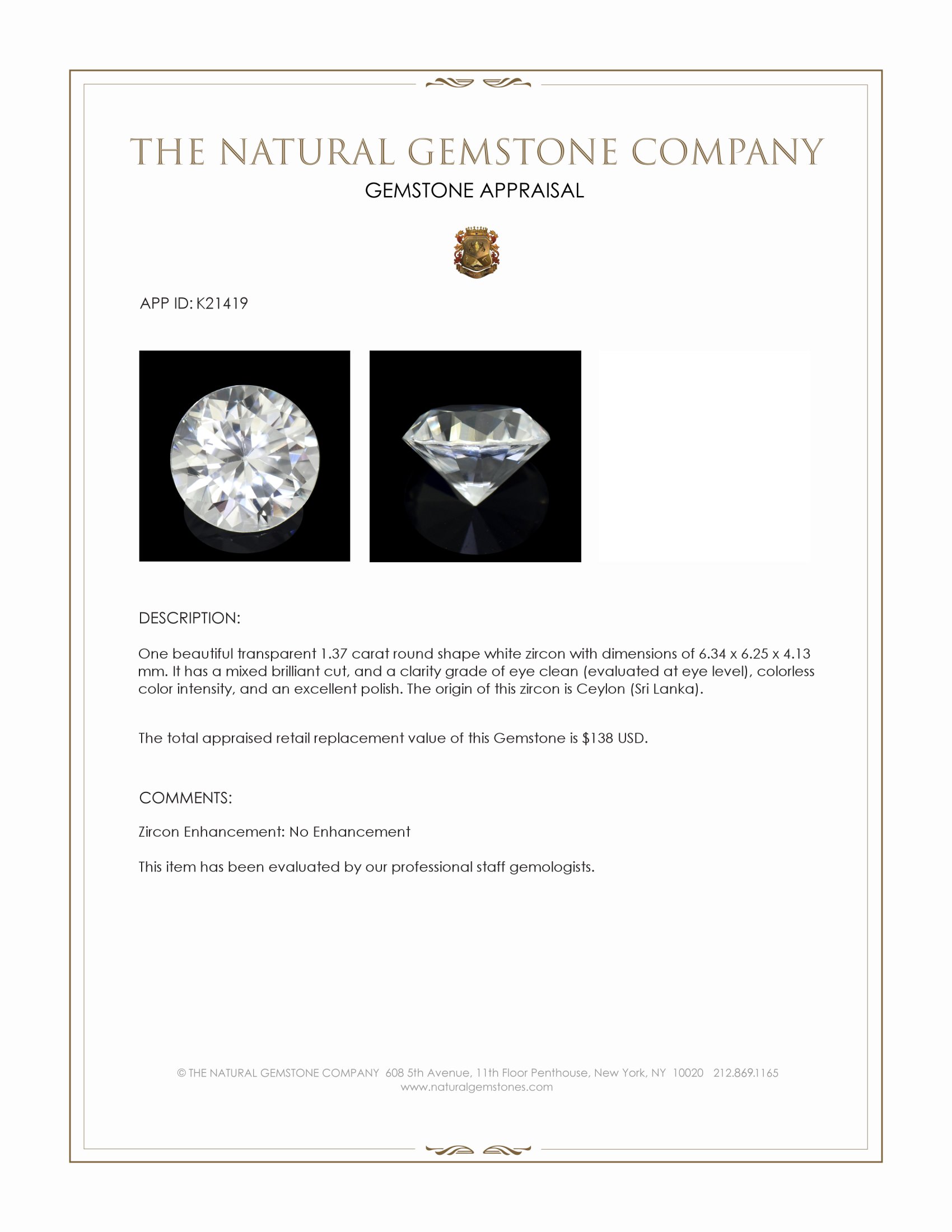 1.37 Ct. White Zircon from Ceylon (Sri Lanka)