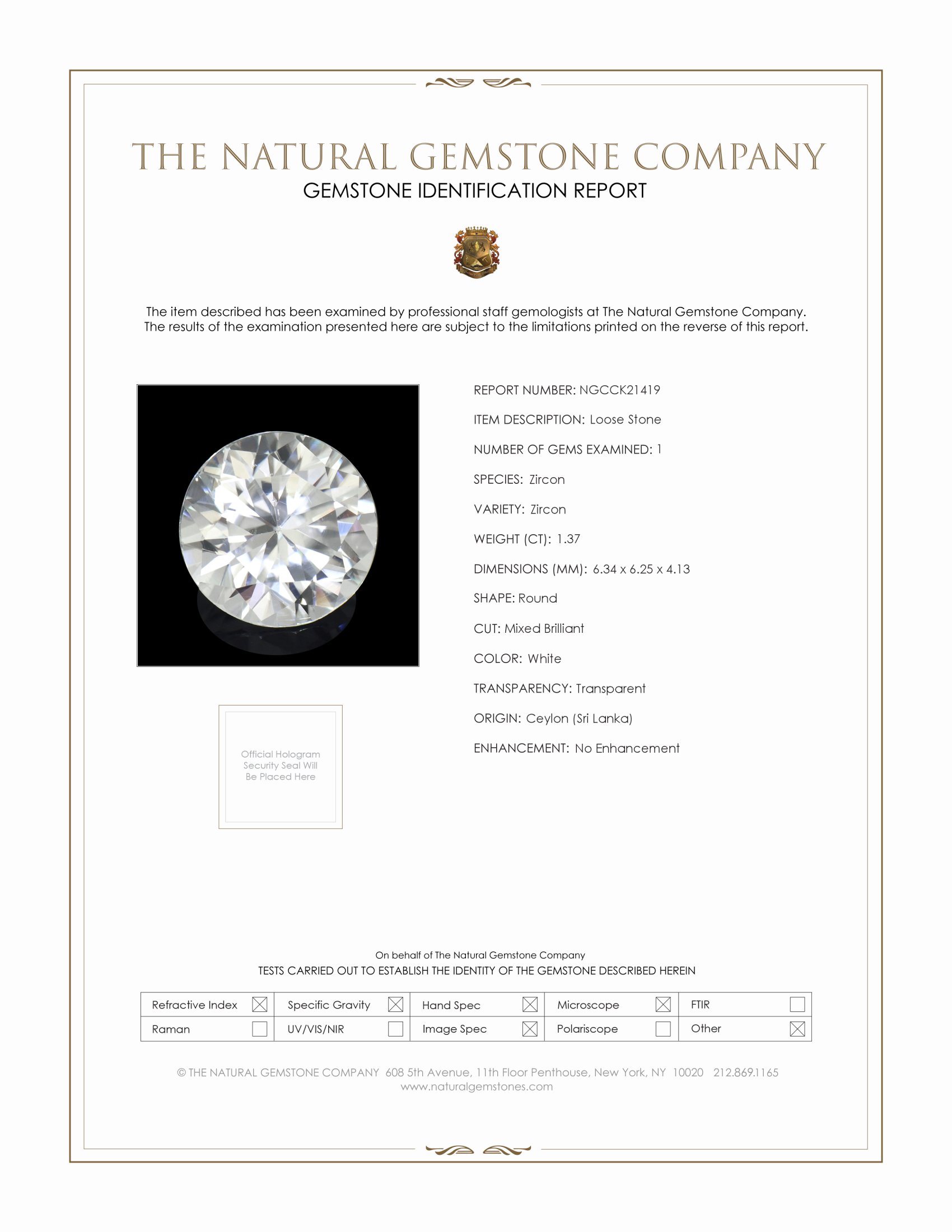 1.37 Ct. White Zircon from Ceylon (Sri Lanka)
