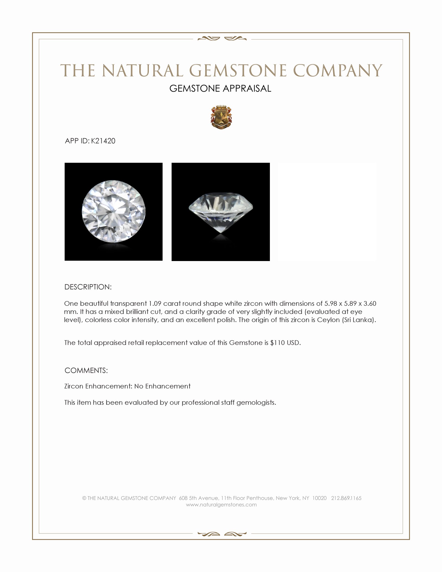 1.09 Ct. White Zircon from Ceylon (Sri Lanka)