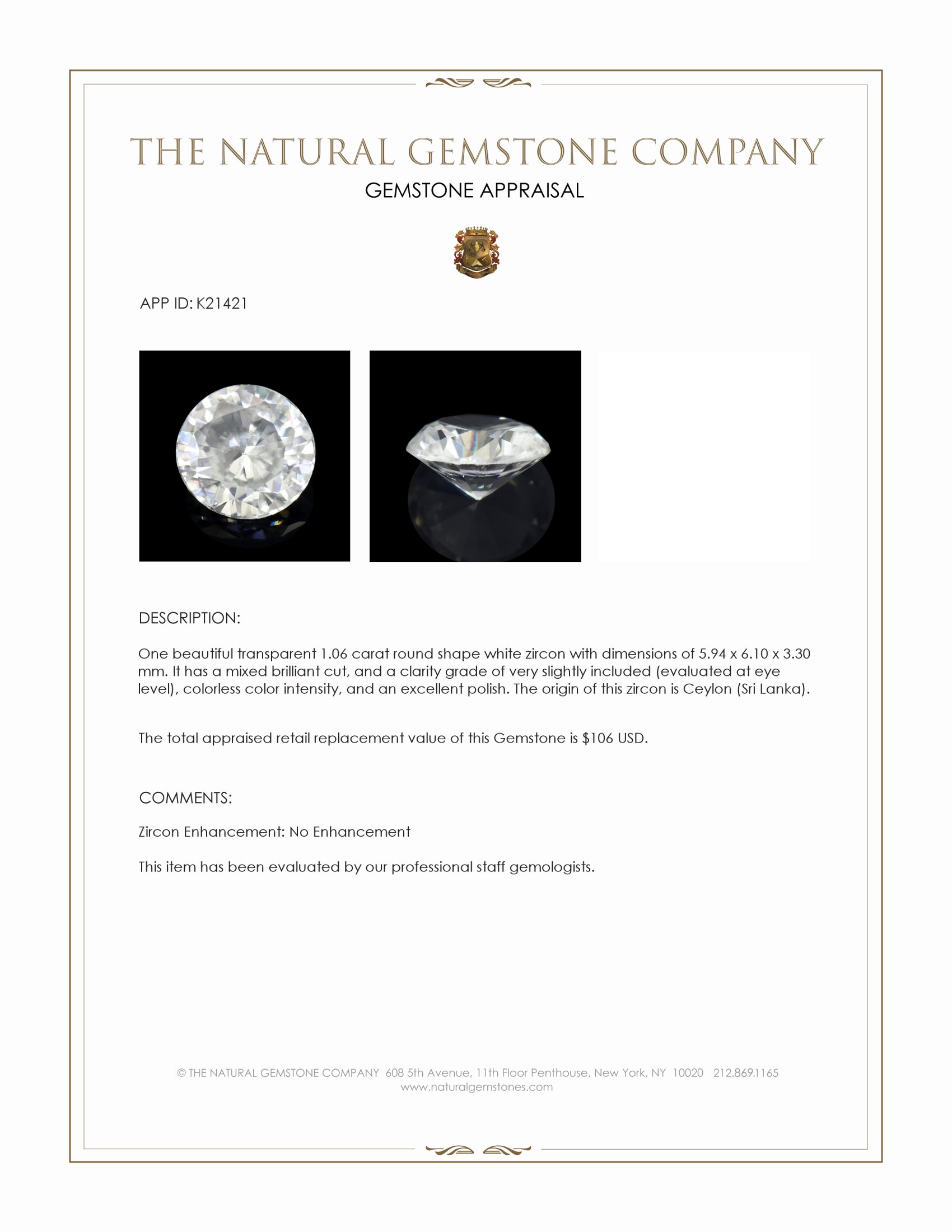 1.06 Ct. White Zircon from Ceylon (Sri Lanka)