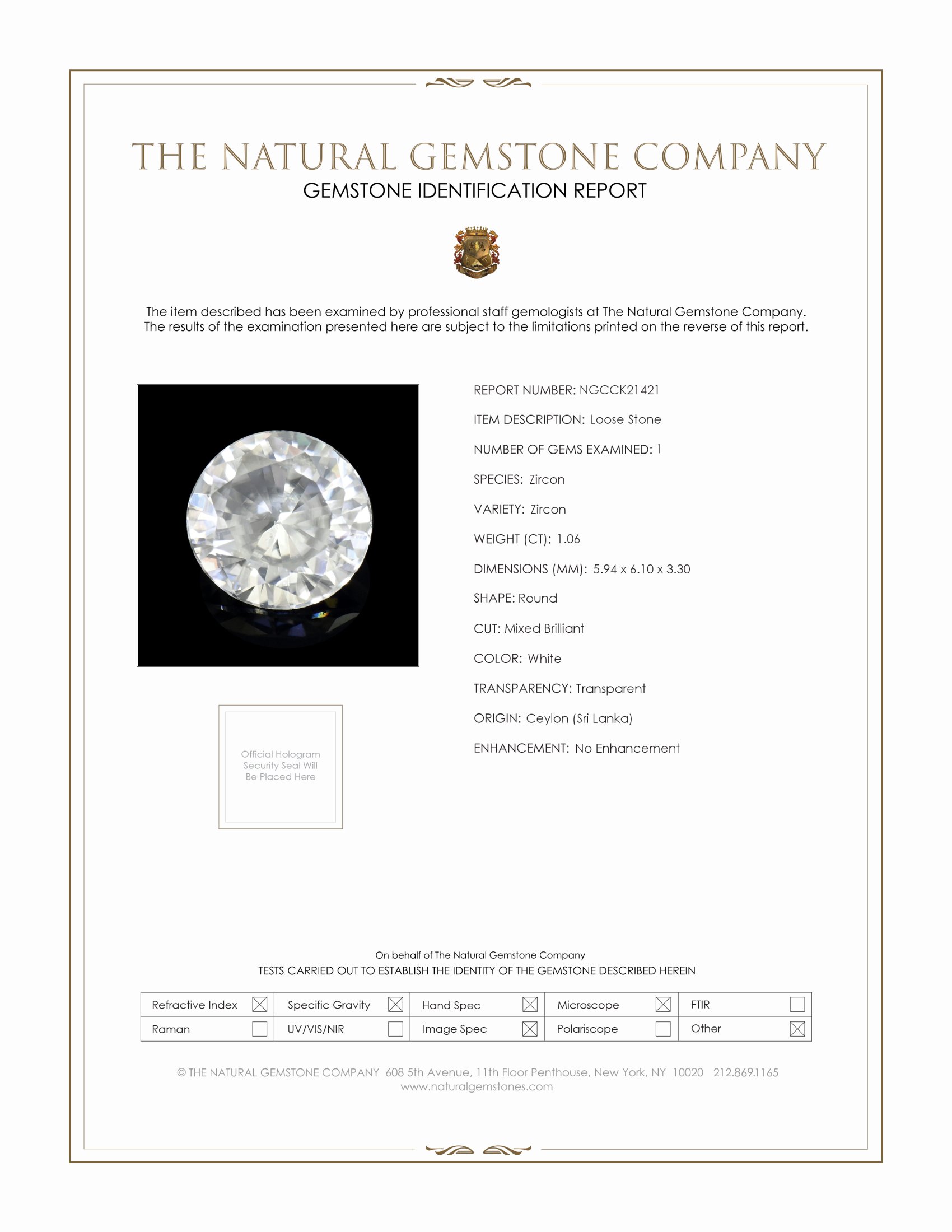 1.06 Ct. White Zircon from Ceylon (Sri Lanka)