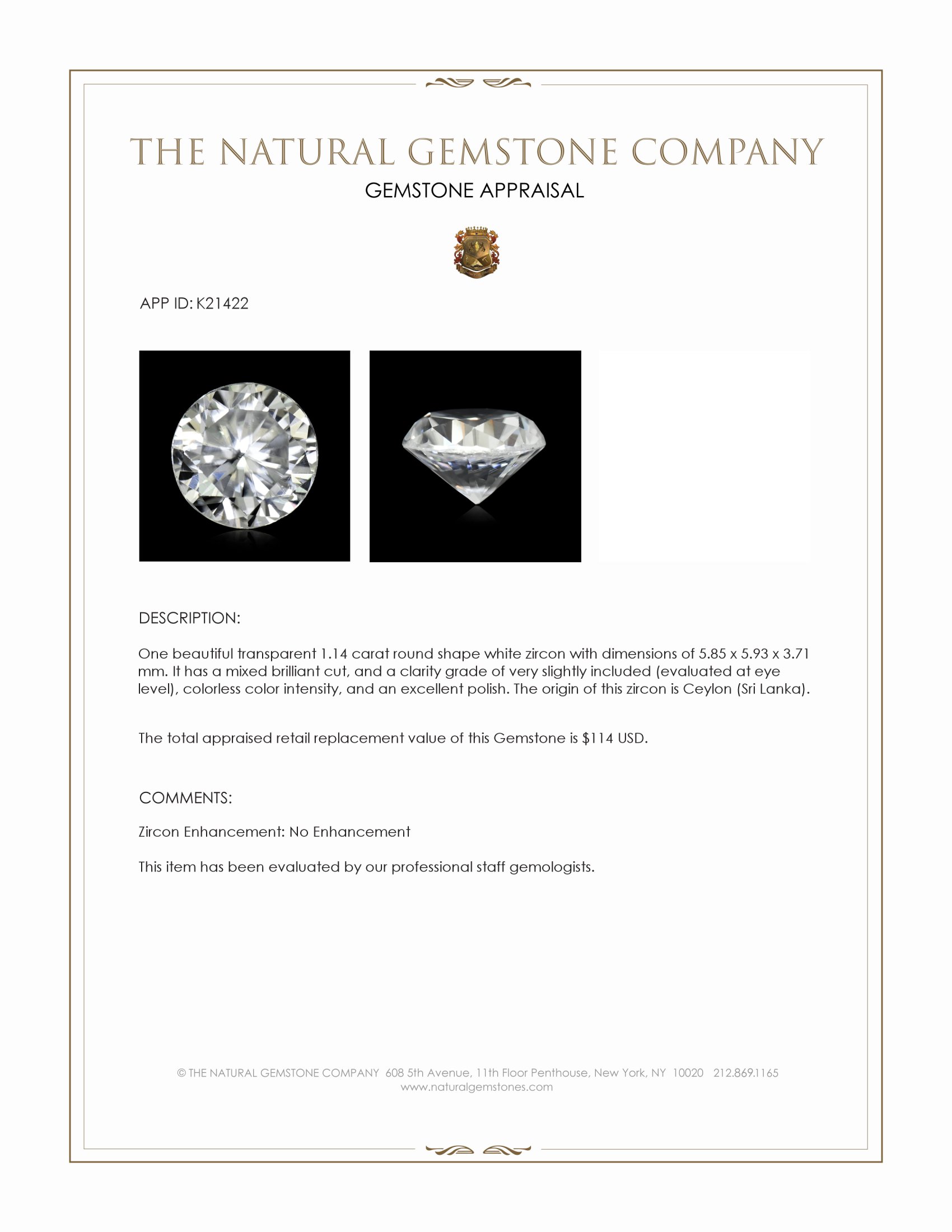 1.14 Ct. White Zircon from Ceylon (Sri Lanka)