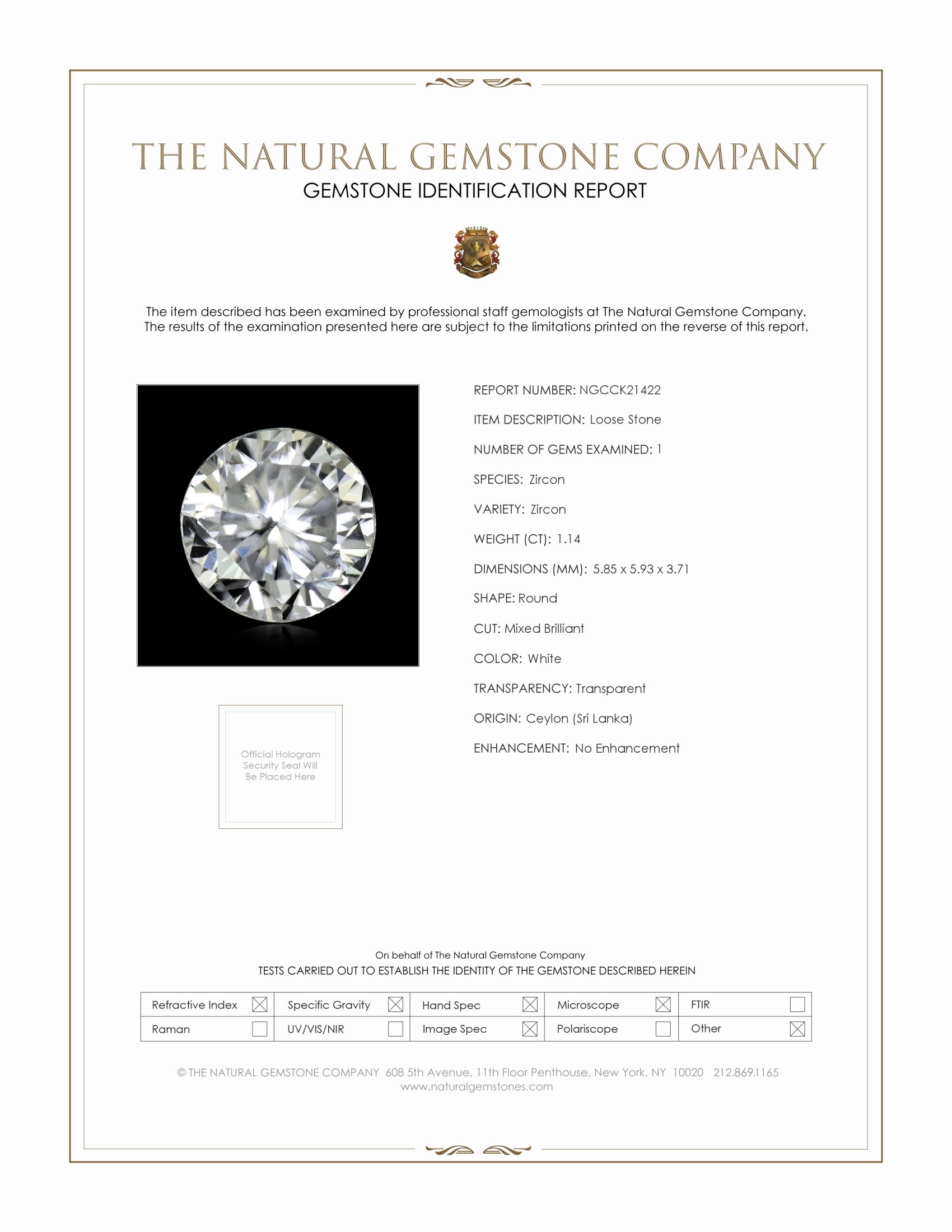 1.14 Ct. White Zircon from Ceylon (Sri Lanka)