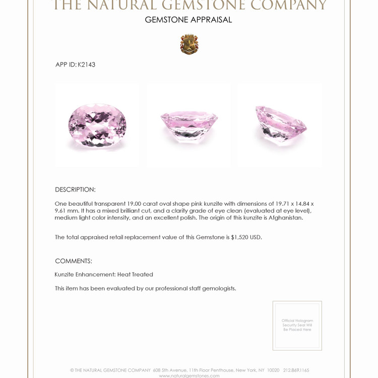 19.00 Ct. Kunzite from Afghanistan