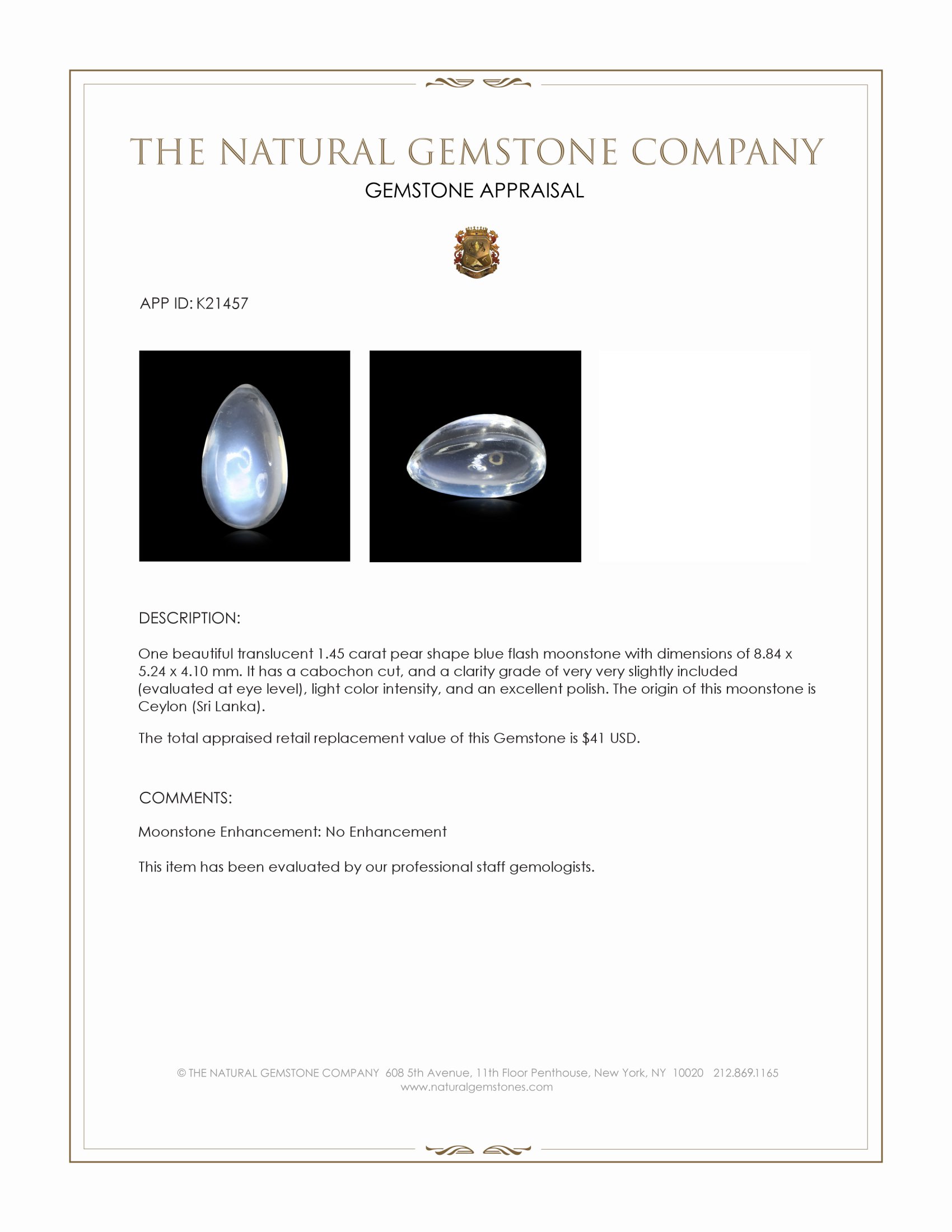 1.45 Ct. Blue Flash Cabochon Moonstone from Ceylon (Sri Lanka)