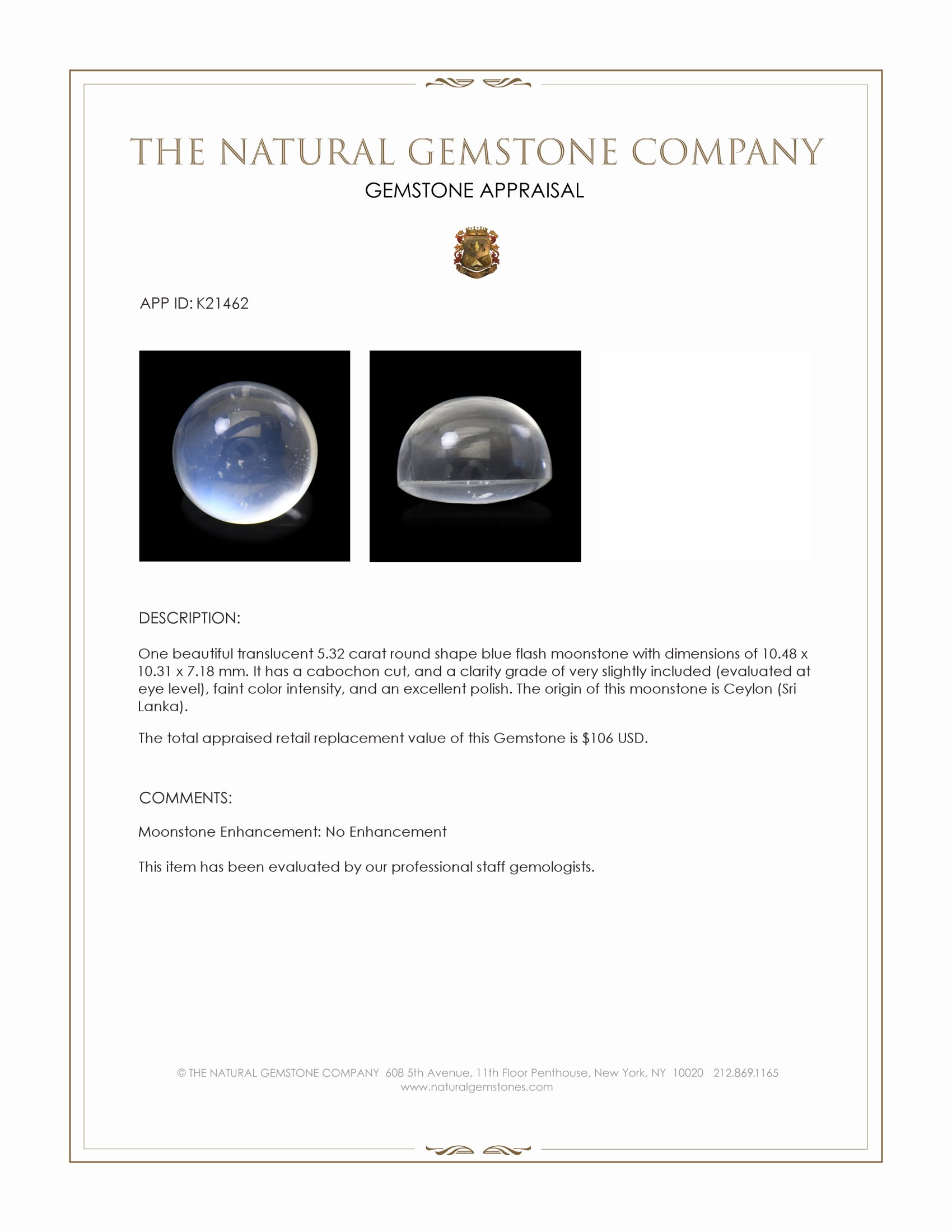 5.32 Ct. Cabochon Moonstone from Ceylon (Sri Lanka)