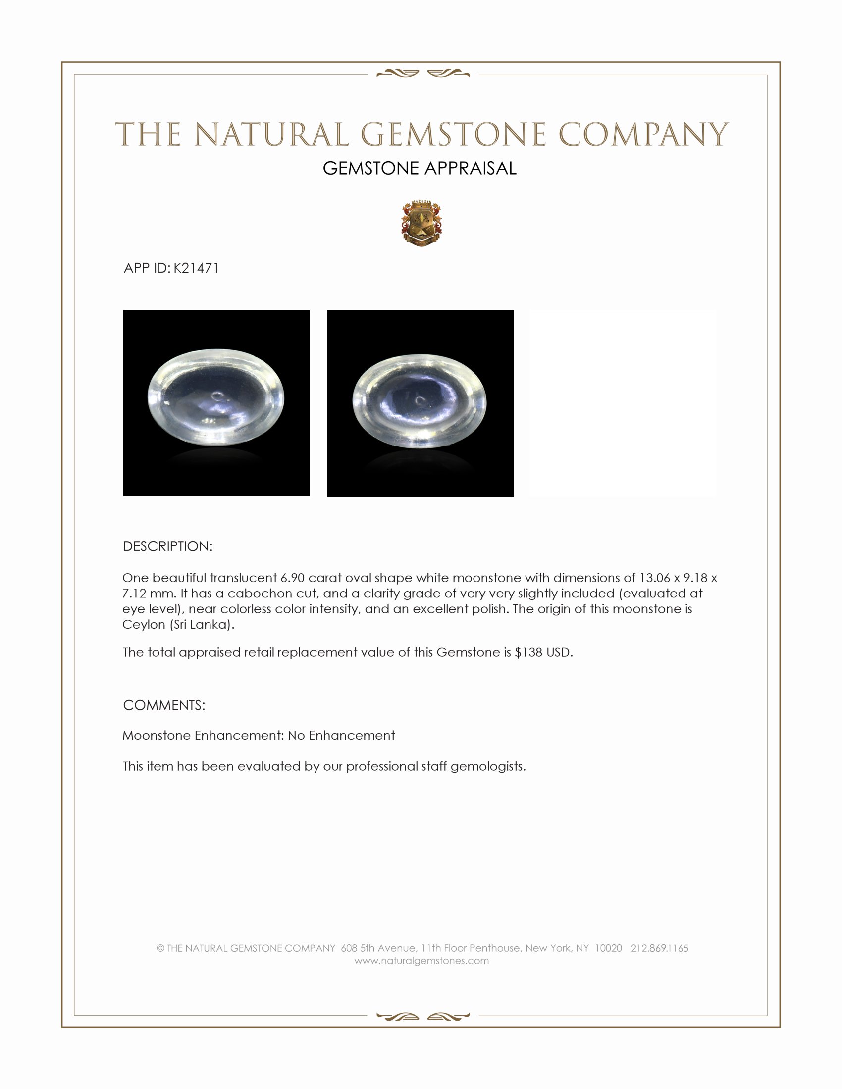 6.90 Ct. White Cabochon Moonstone from Ceylon (Sri Lanka)