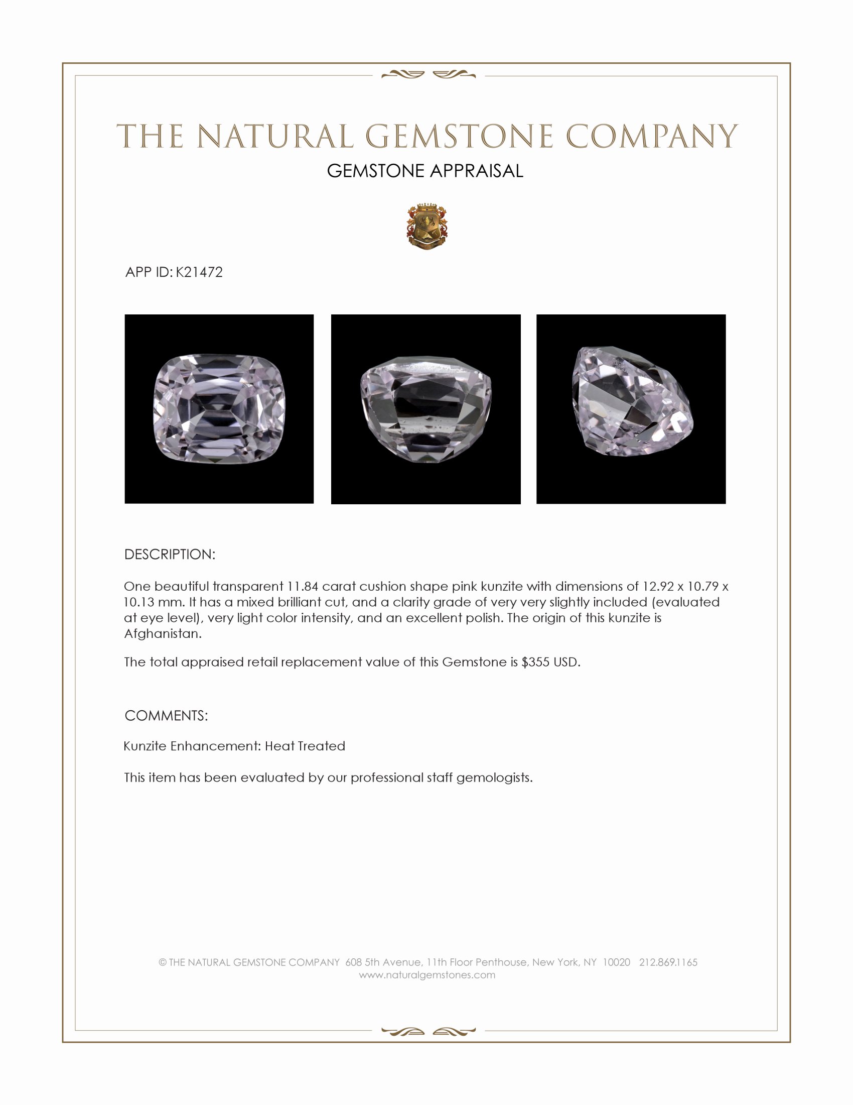 11.84 Ct. Kunzite from Afghanistan