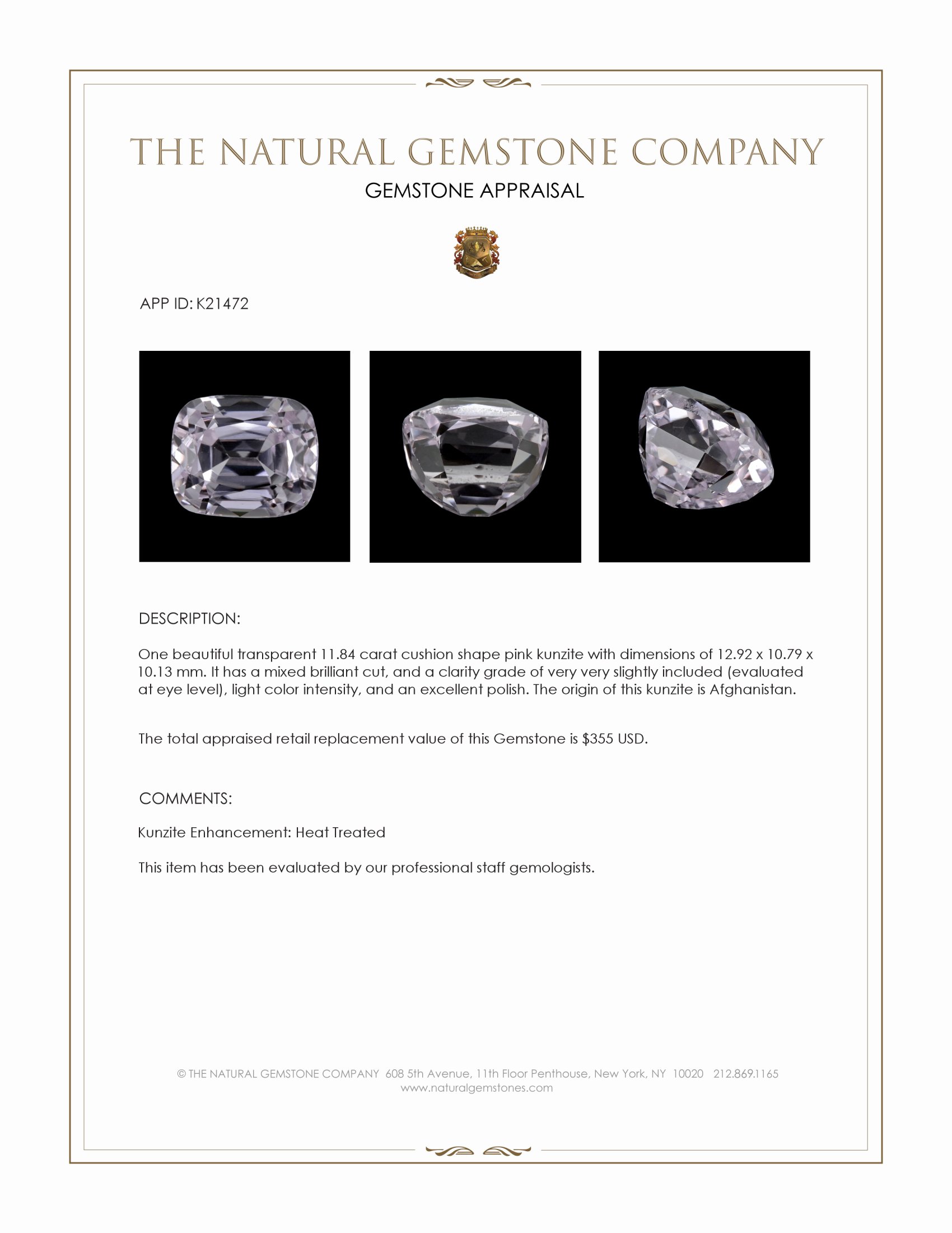 11.84 Ct. Kunzite from Afghanistan