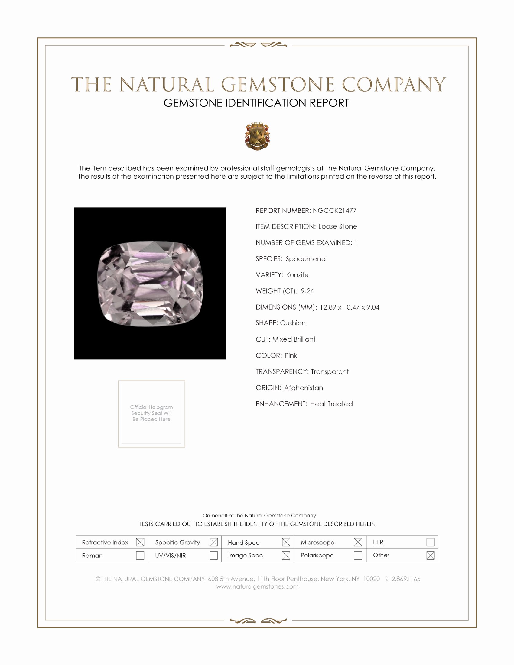 9.24 Ct. Pink Kunzite from Afghanistan