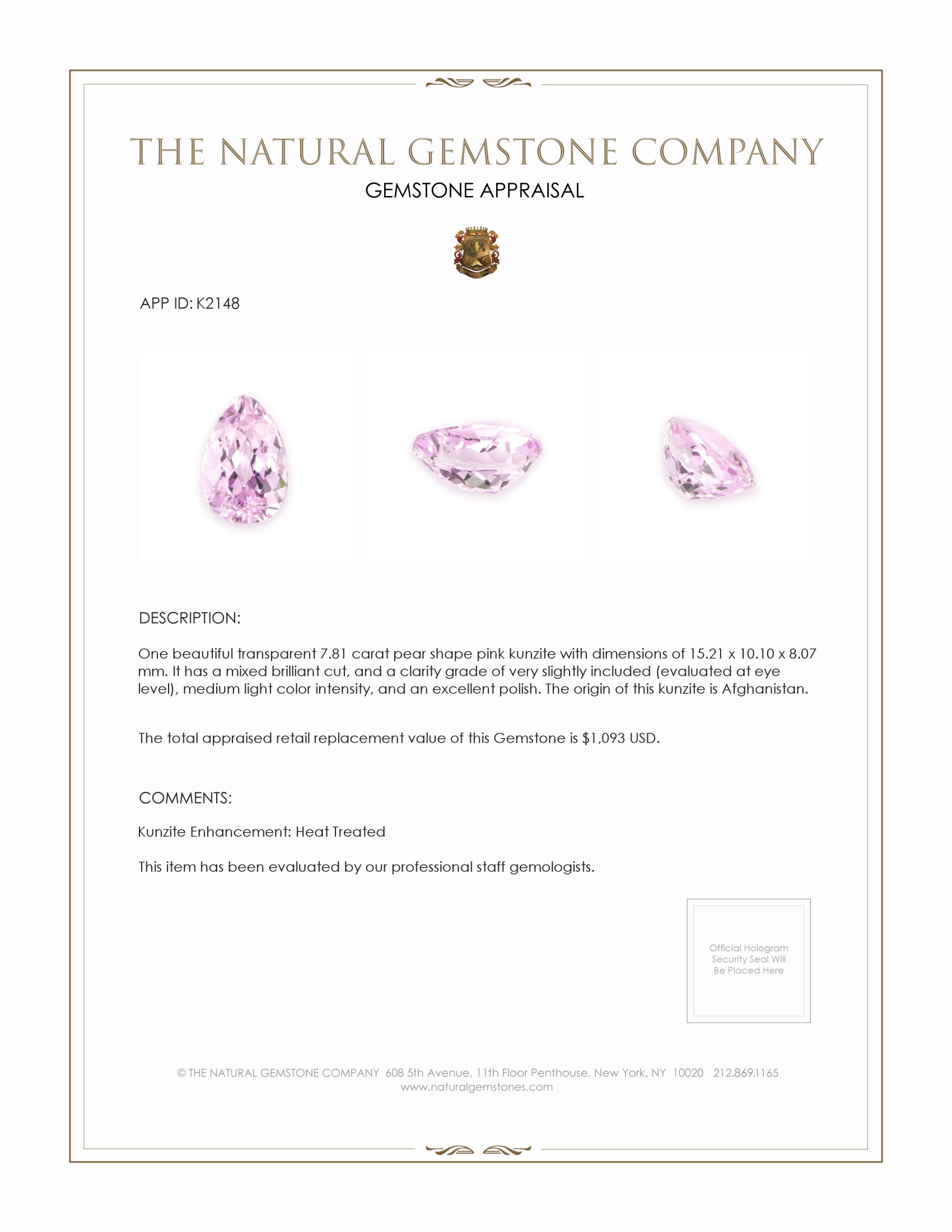 7.81 Ct. Kunzite from Afghanistan