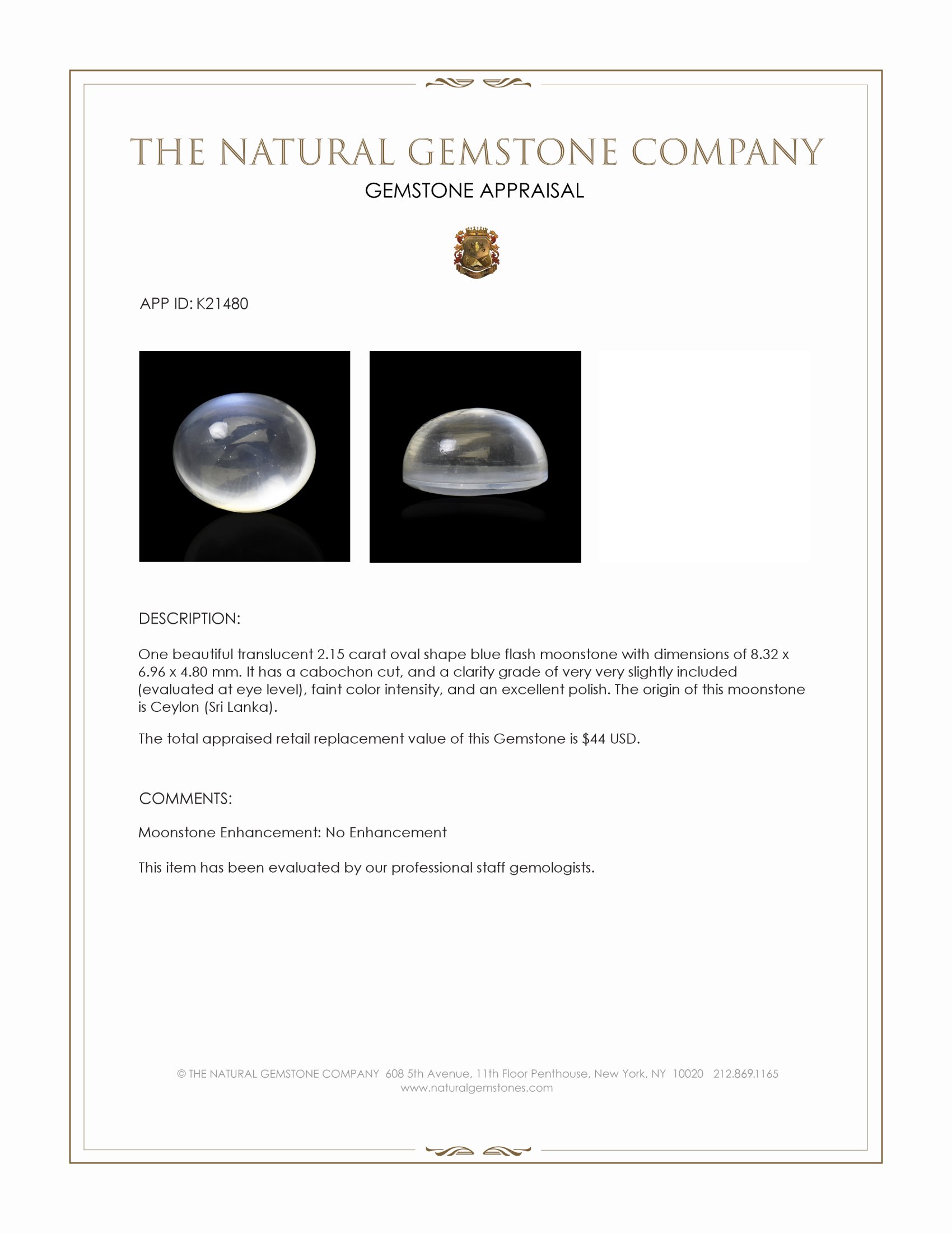 2.15 Ct. Cabochon Moonstone from Ceylon (Sri Lanka)