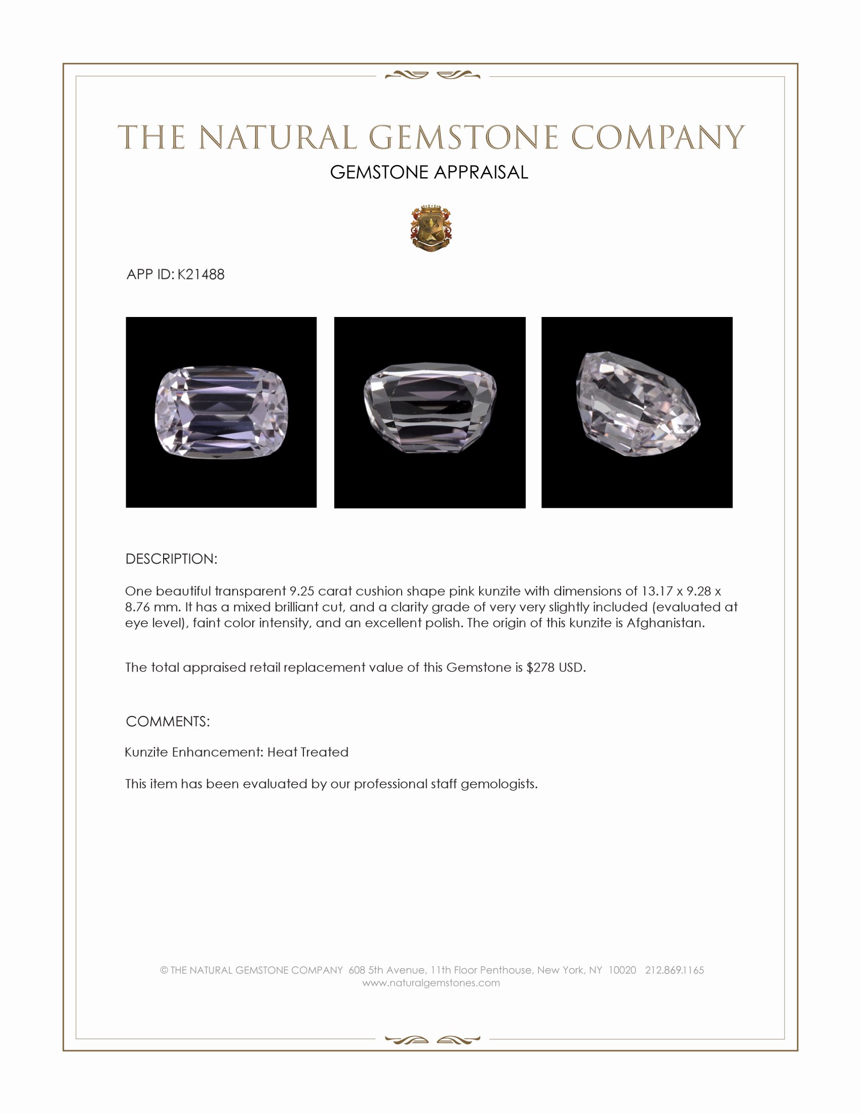 9.25 Ct. Kunzite from Afghanistan