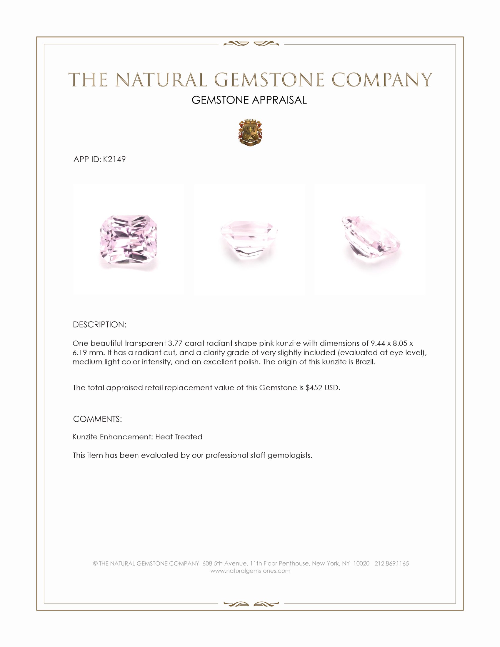 3.77 Ct. Kunzite from Brazil