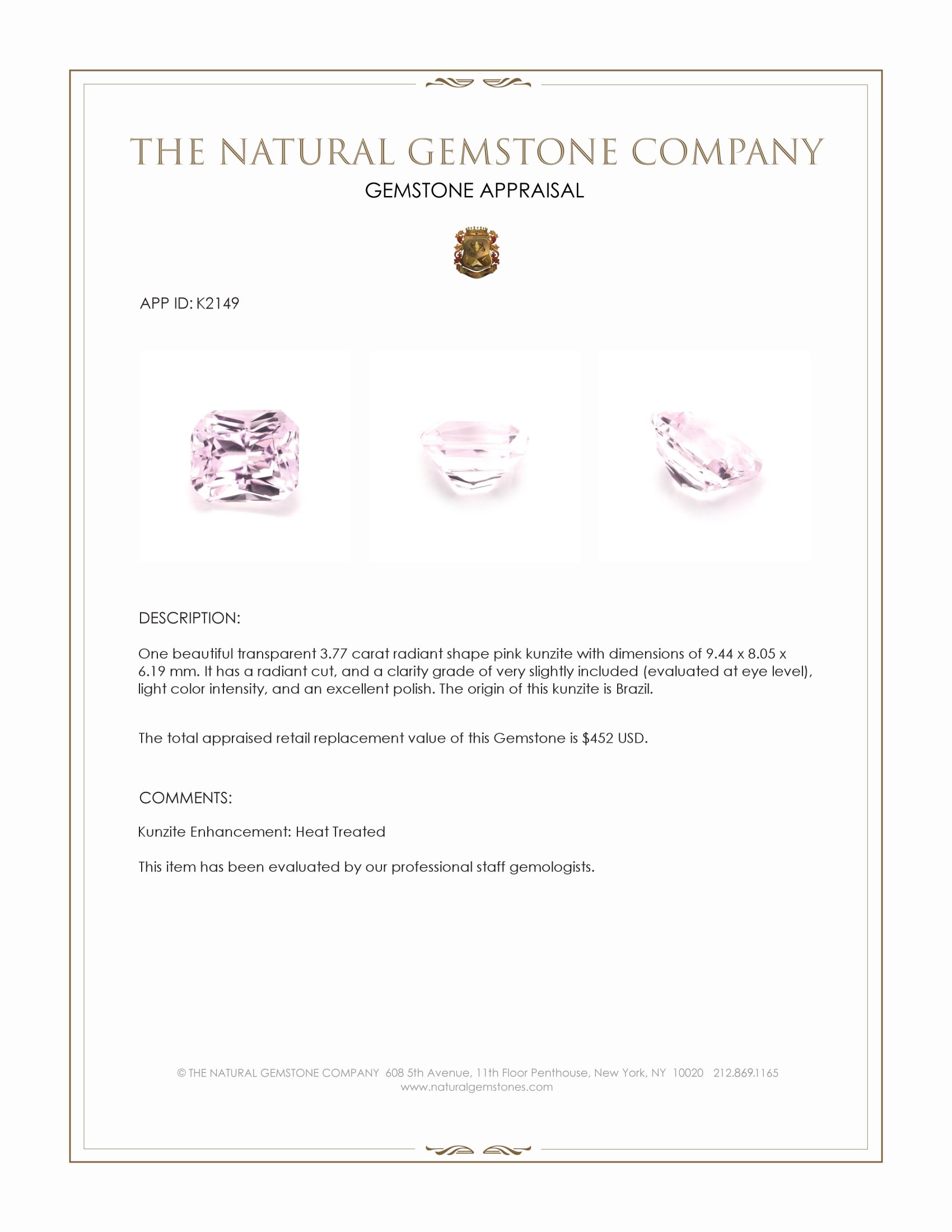 3.77 Ct. Pink Kunzite from Brazil