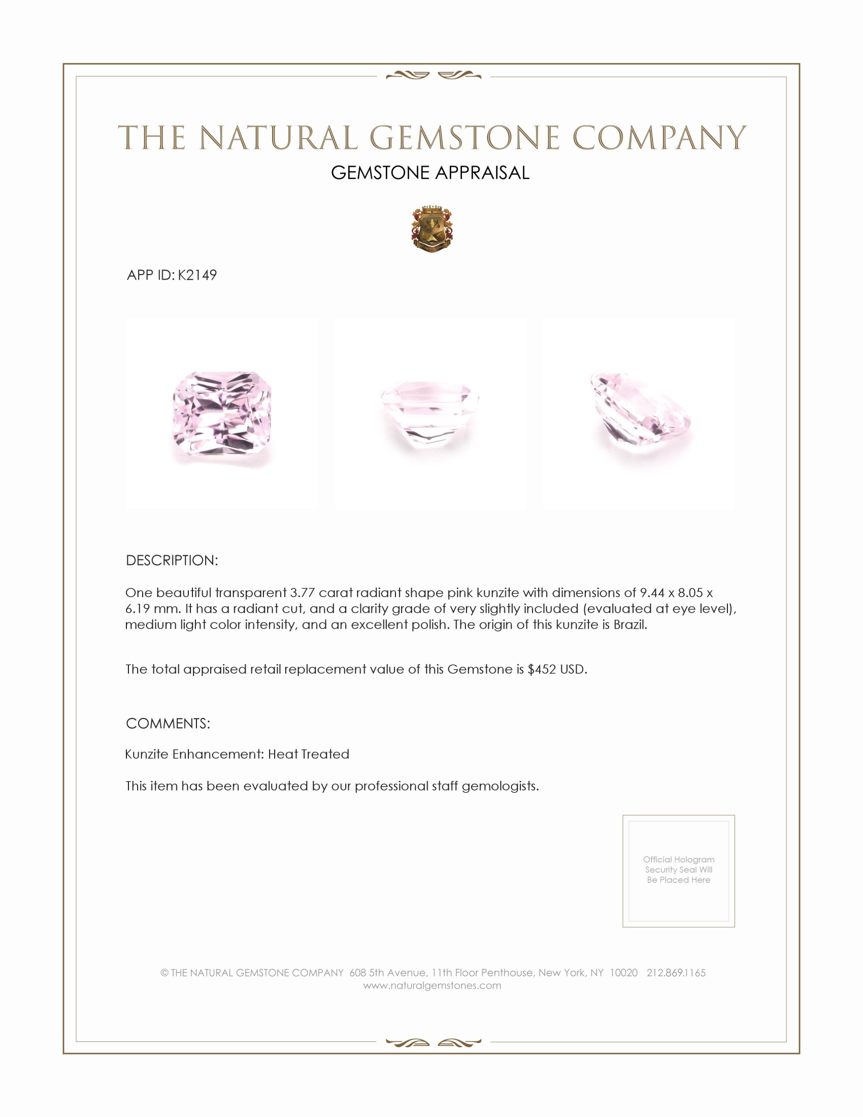 3.77 Ct. Kunzite from Brazil