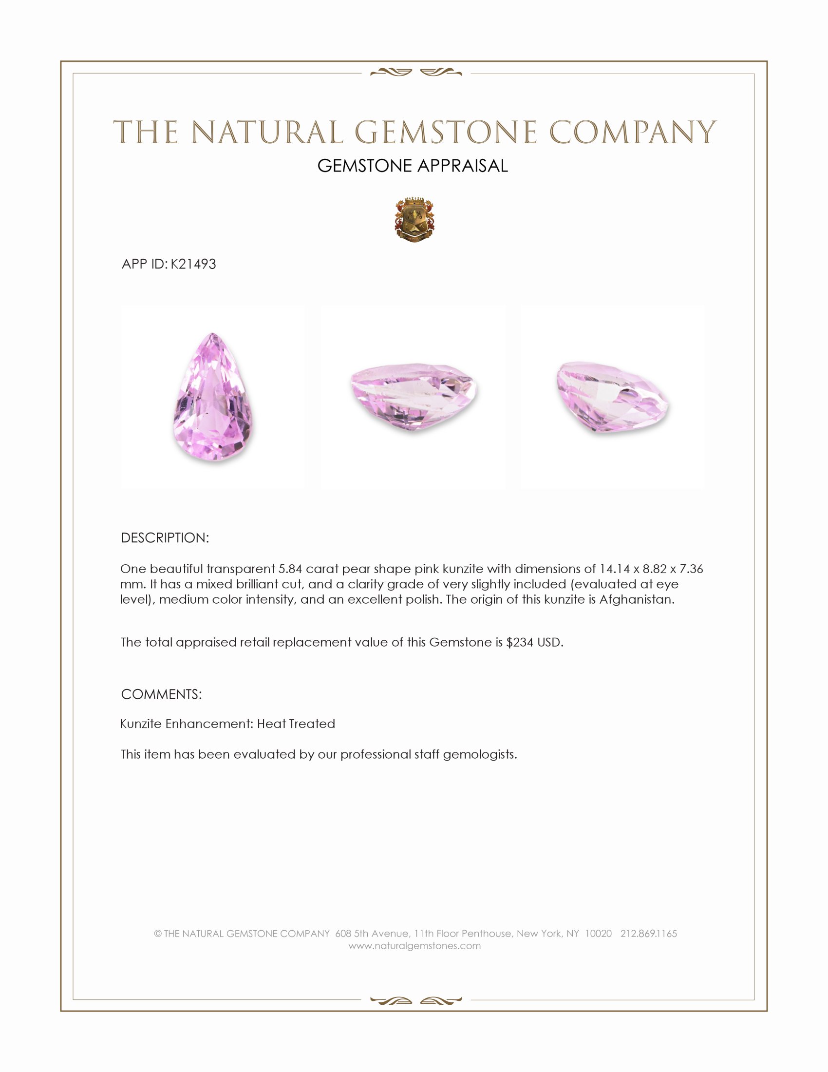5.84 Ct. Kunzite from Afghanistan