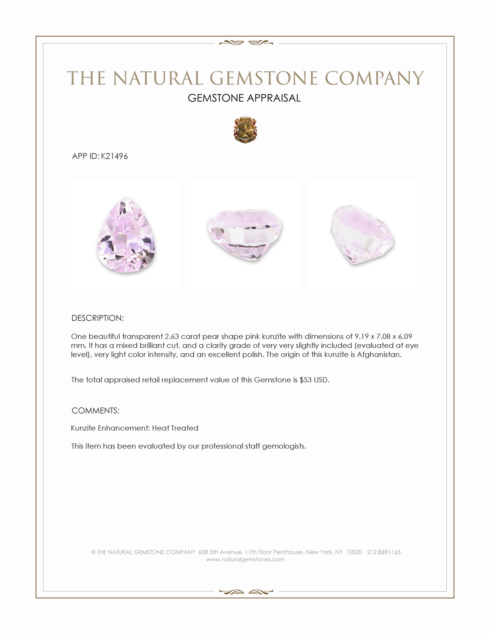 2.63 Ct. Kunzite from Afghanistan