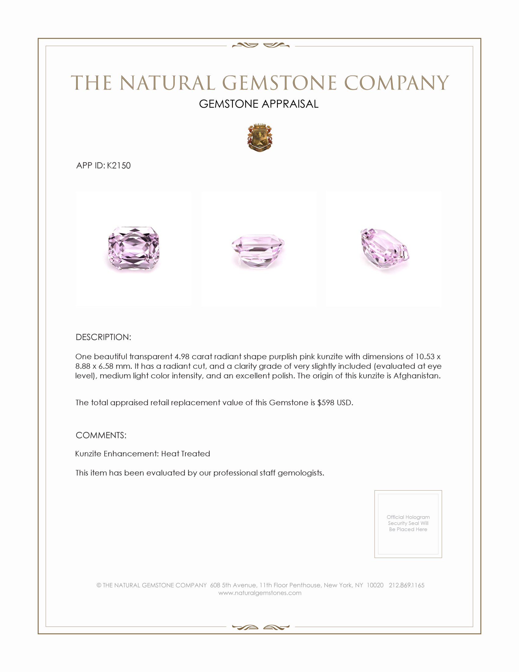 4.98 Ct. Purplish Pink Kunzite from Afghanistan