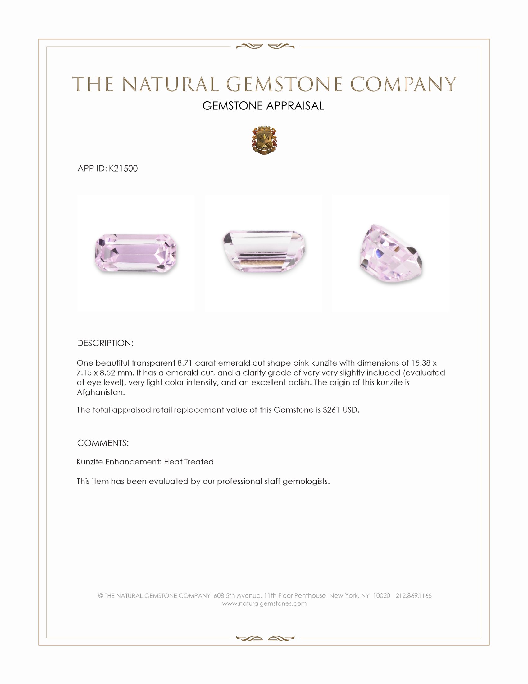 8.71 Ct. Kunzite from Afghanistan