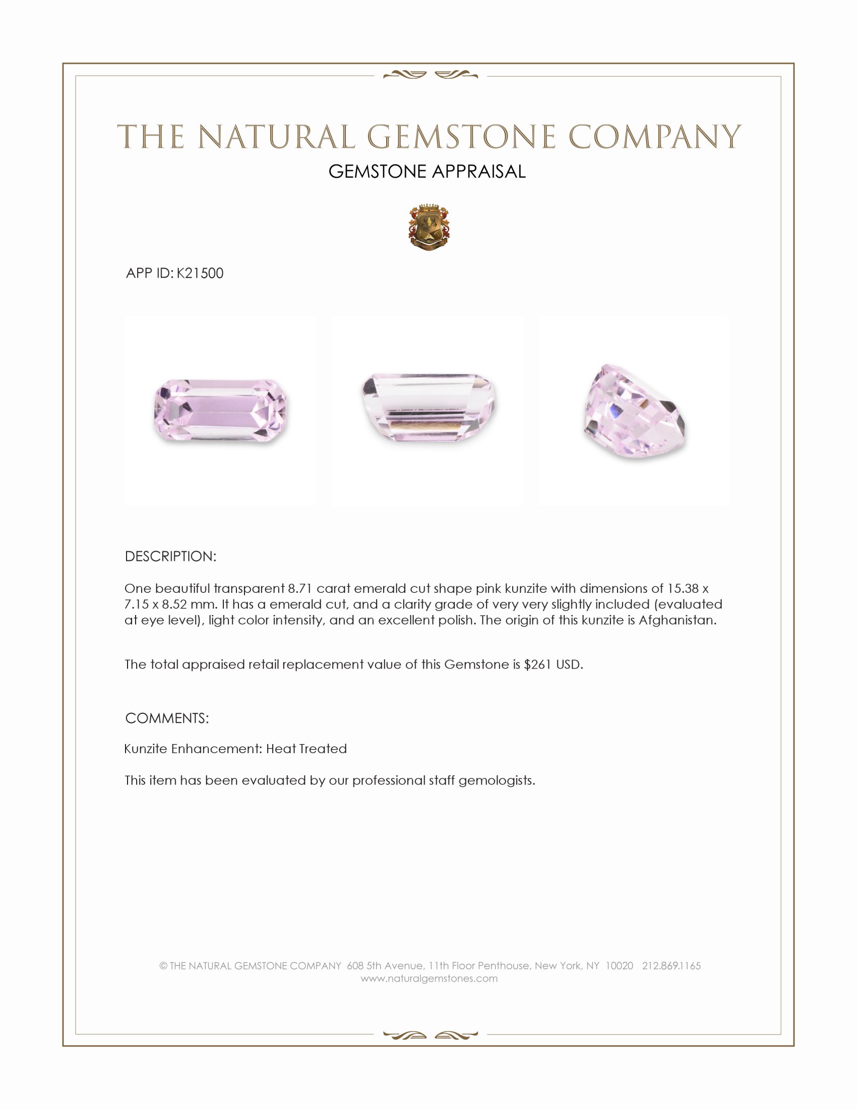 8.71 Ct. Kunzite from Afghanistan