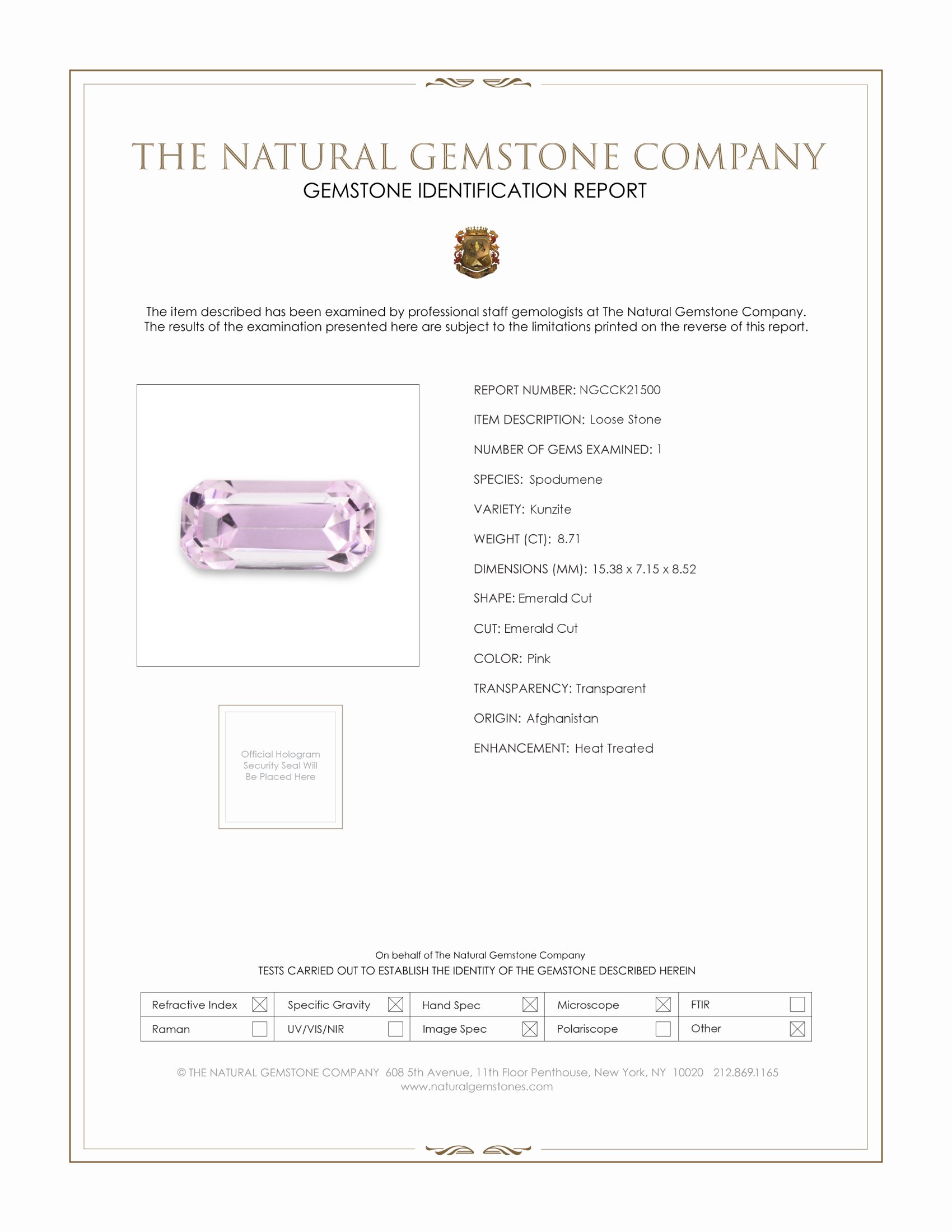 8.71 Ct. Pink Kunzite from Afghanistan