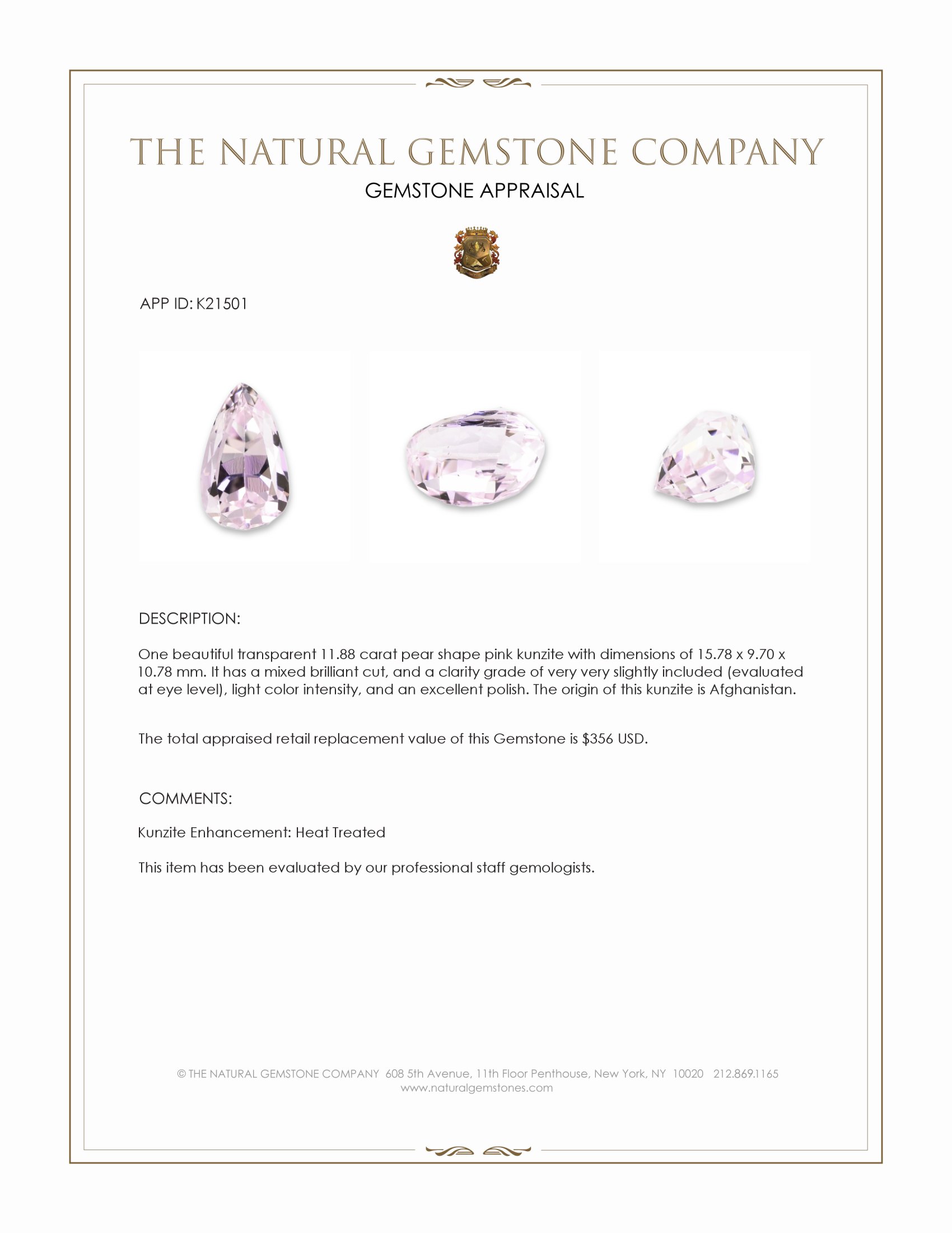 11.88 Ct. Kunzite from Afghanistan