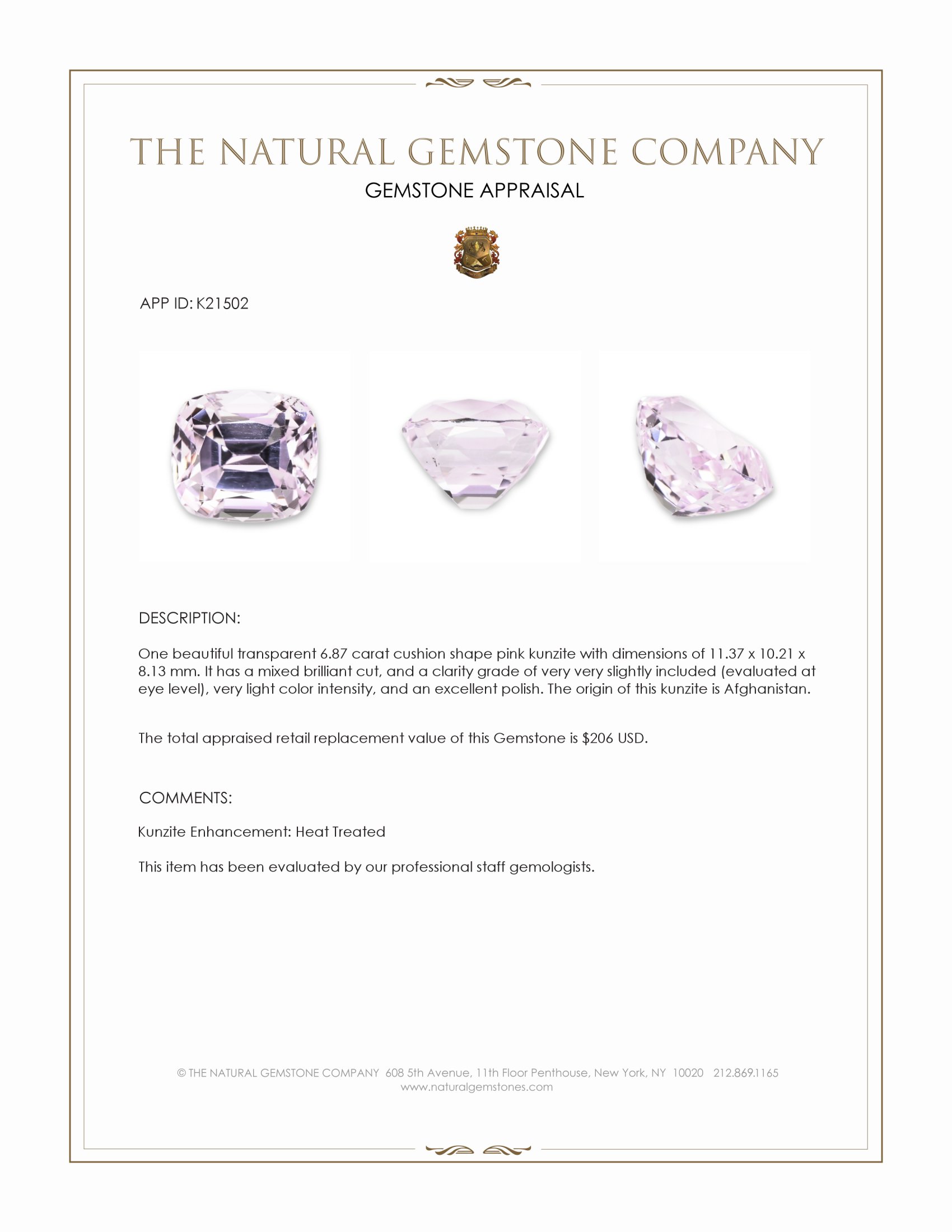 6.87 Ct. Kunzite from Afghanistan