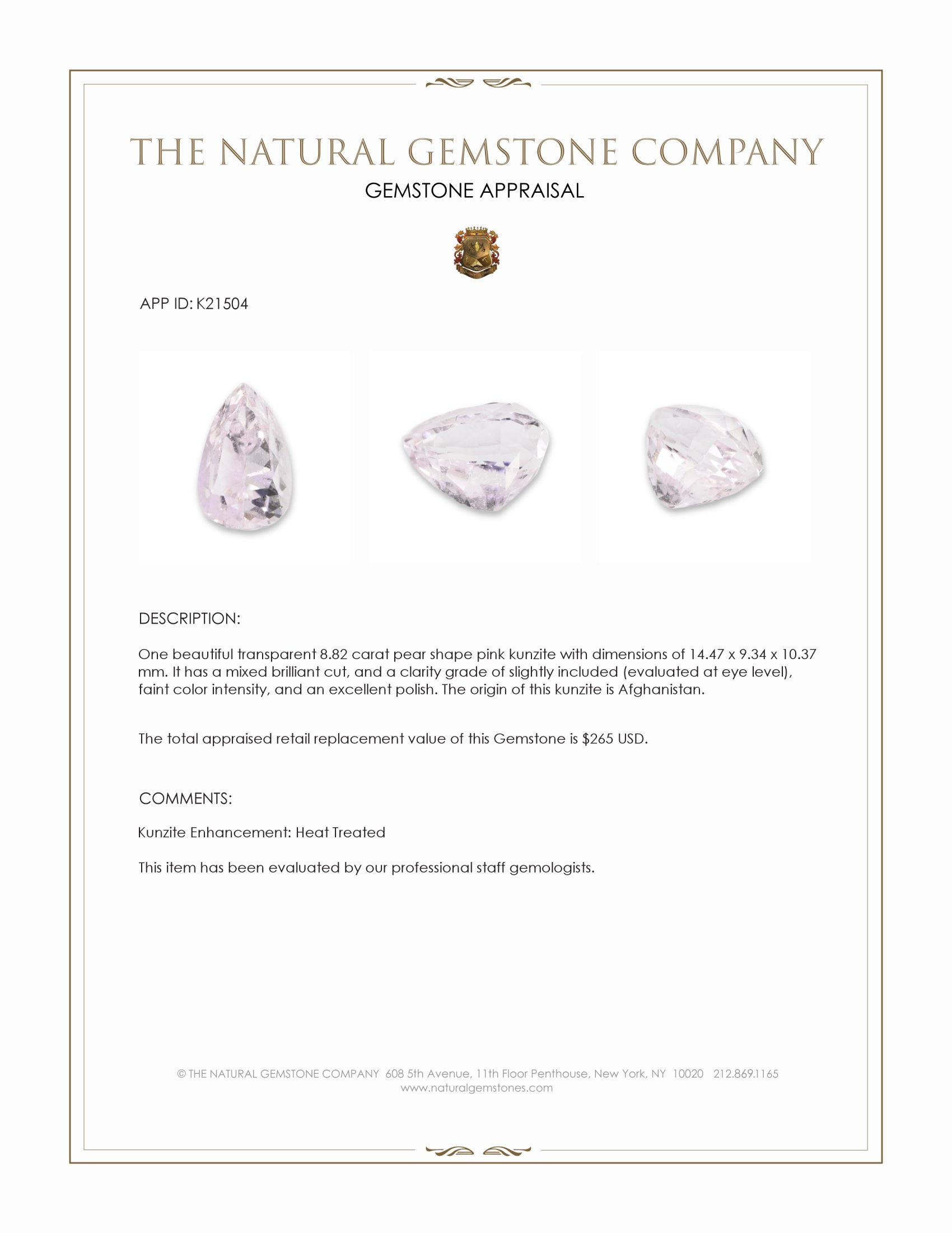 8.82 Ct. Kunzite from Afghanistan