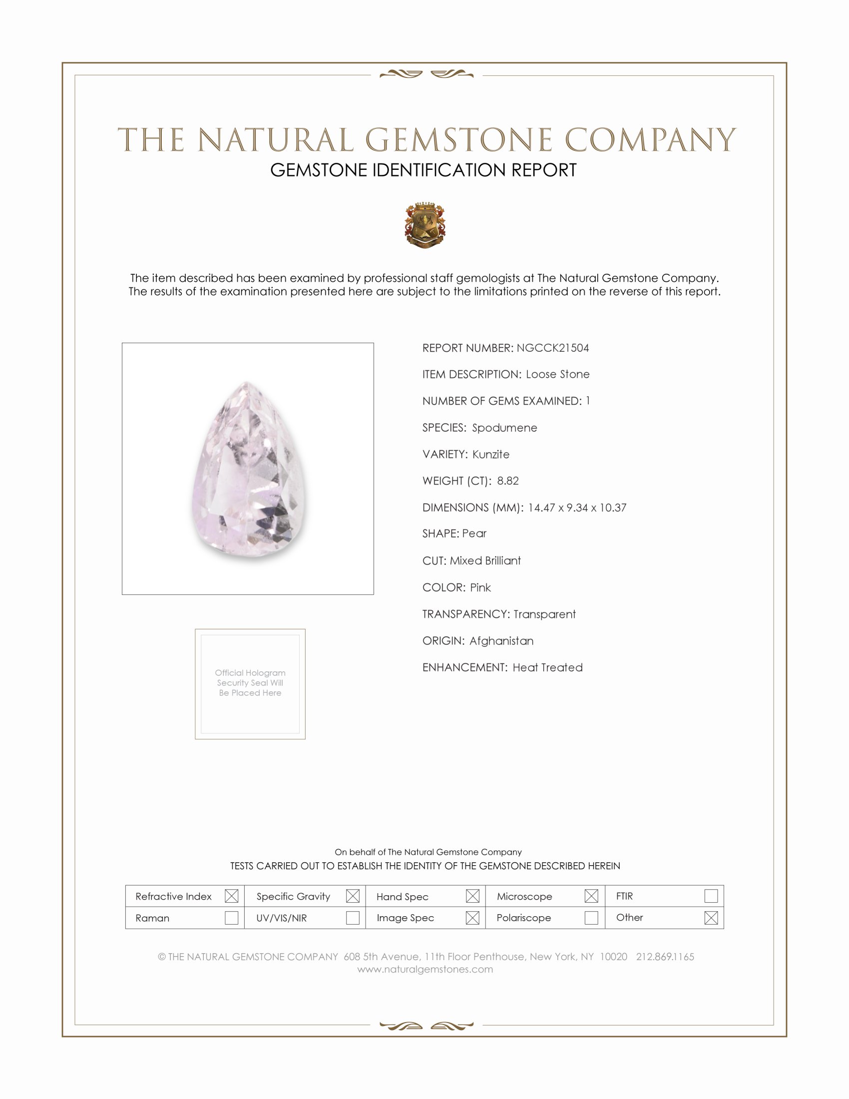 8.82 Ct. Pink Kunzite from Afghanistan