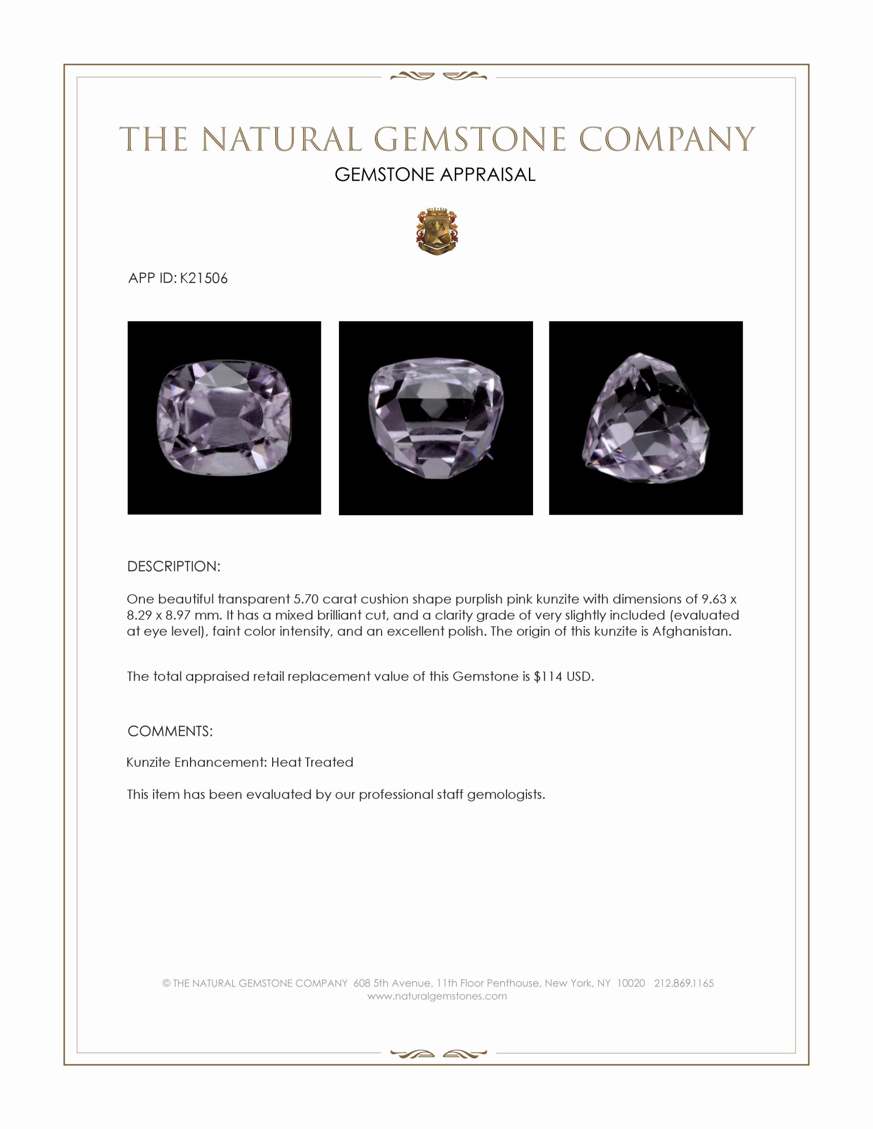 5.70 Ct. Kunzite from Afghanistan