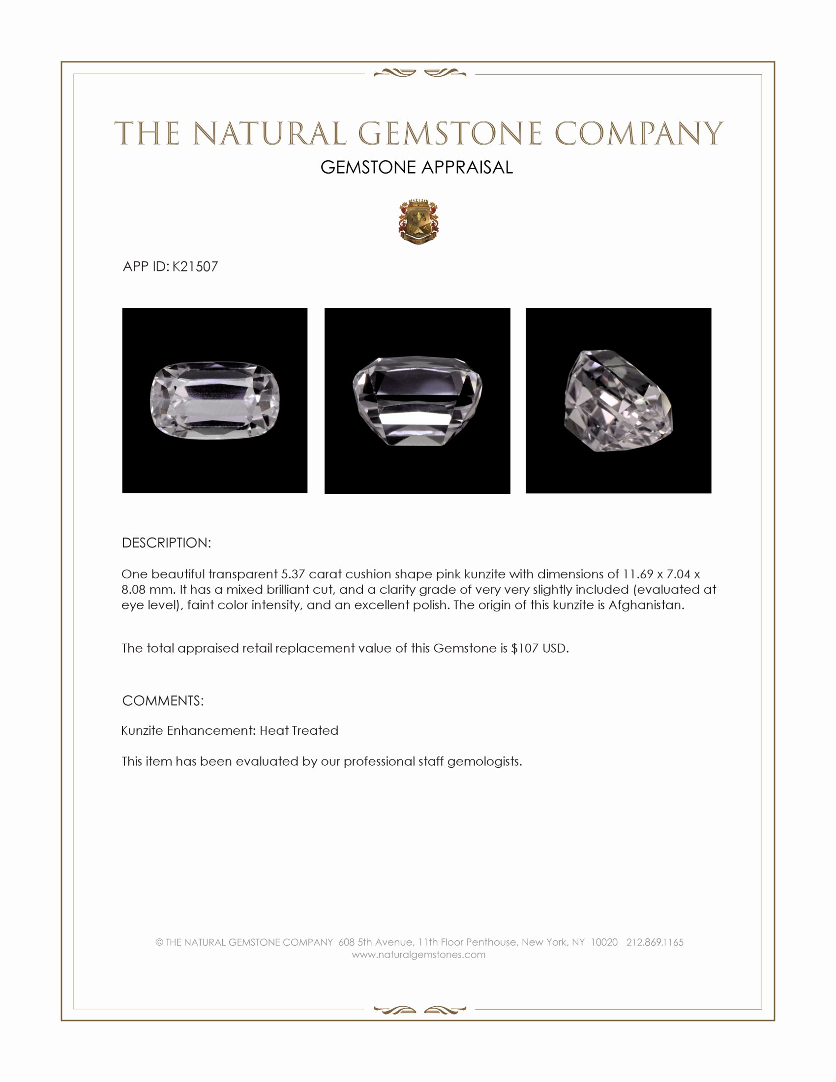 5.37 Ct. Kunzite from Afghanistan