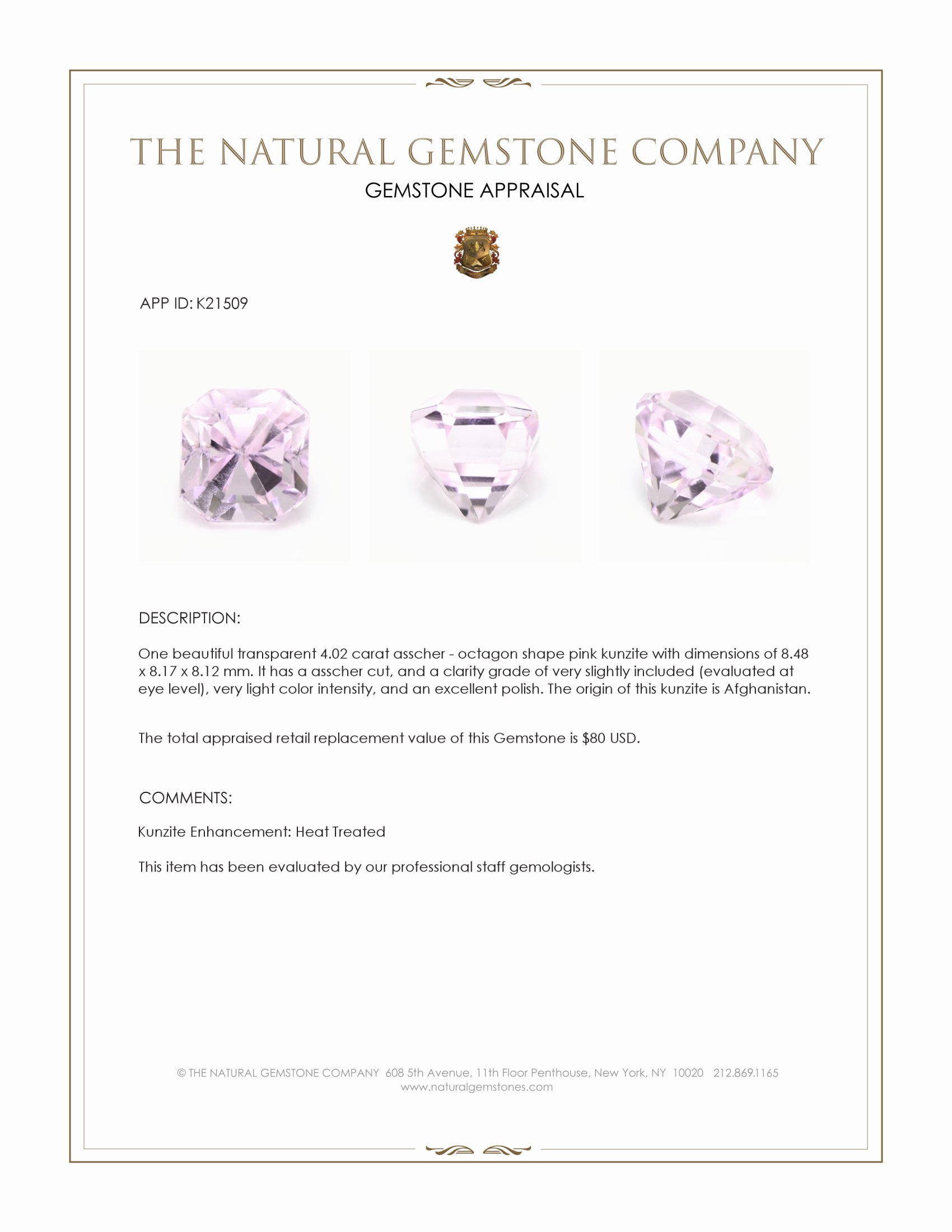 4.02 Ct. Kunzite from Afghanistan