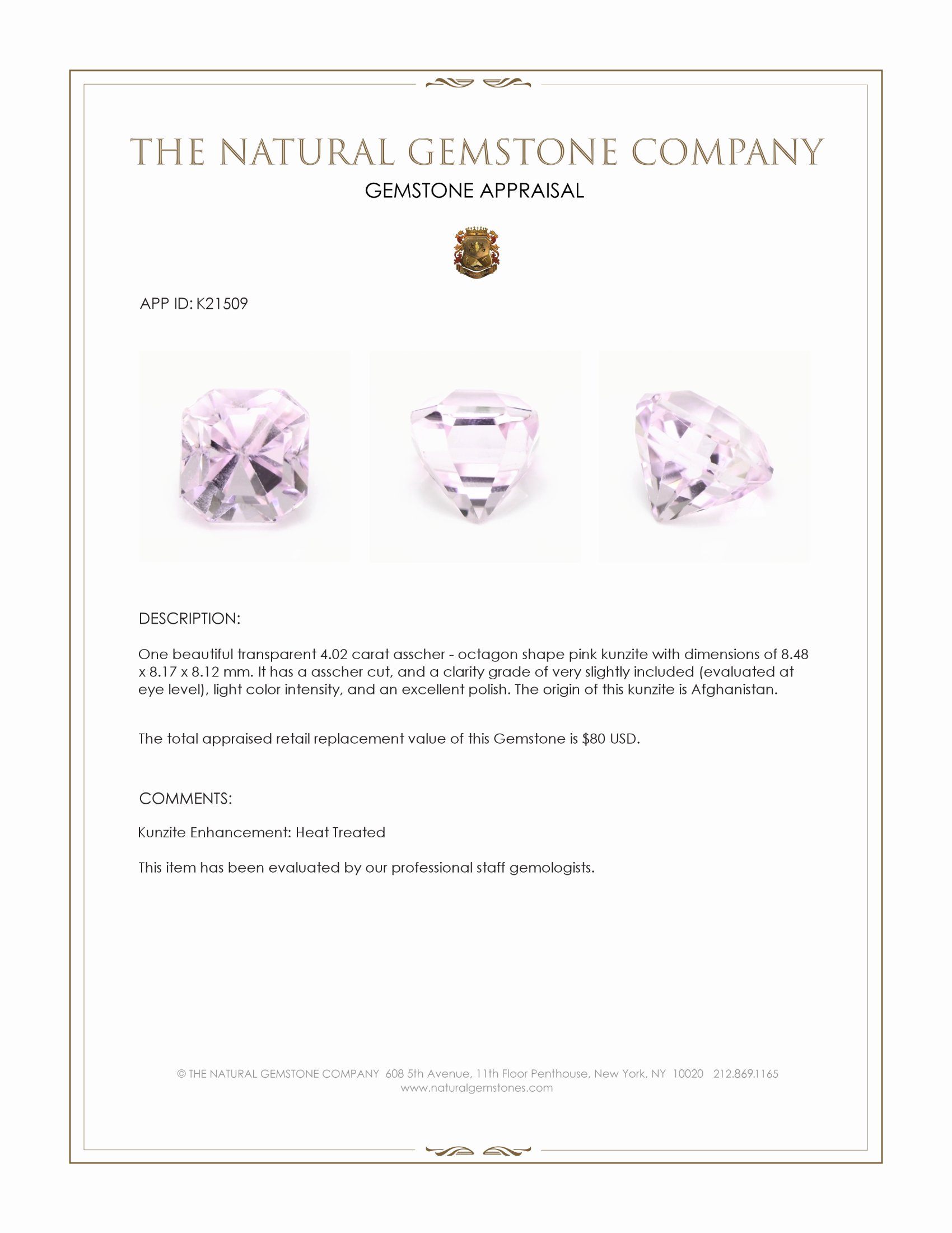 4.02 Ct. Kunzite from Afghanistan