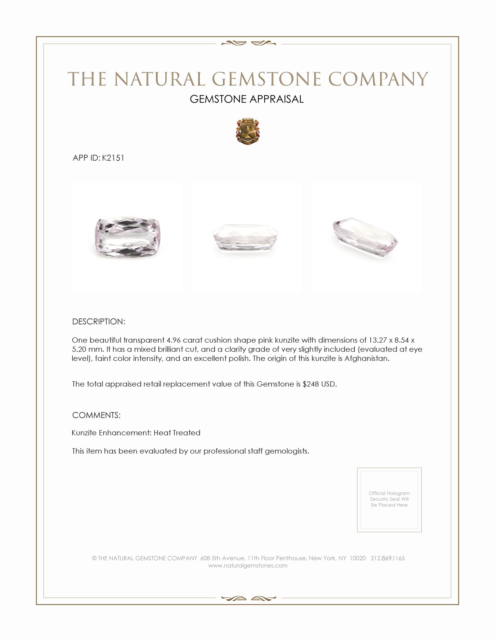 4.96 Ct. Kunzite from Afghanistan