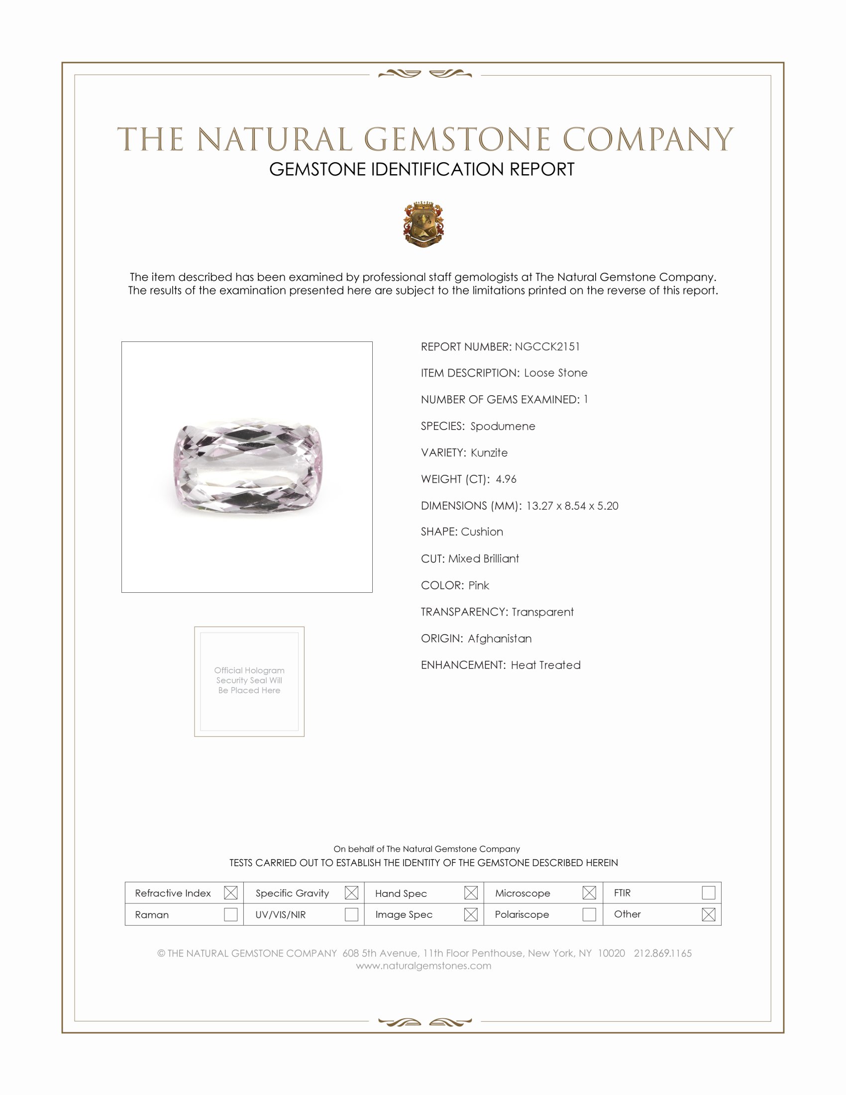 4.96 Ct. Pink Kunzite from Afghanistan