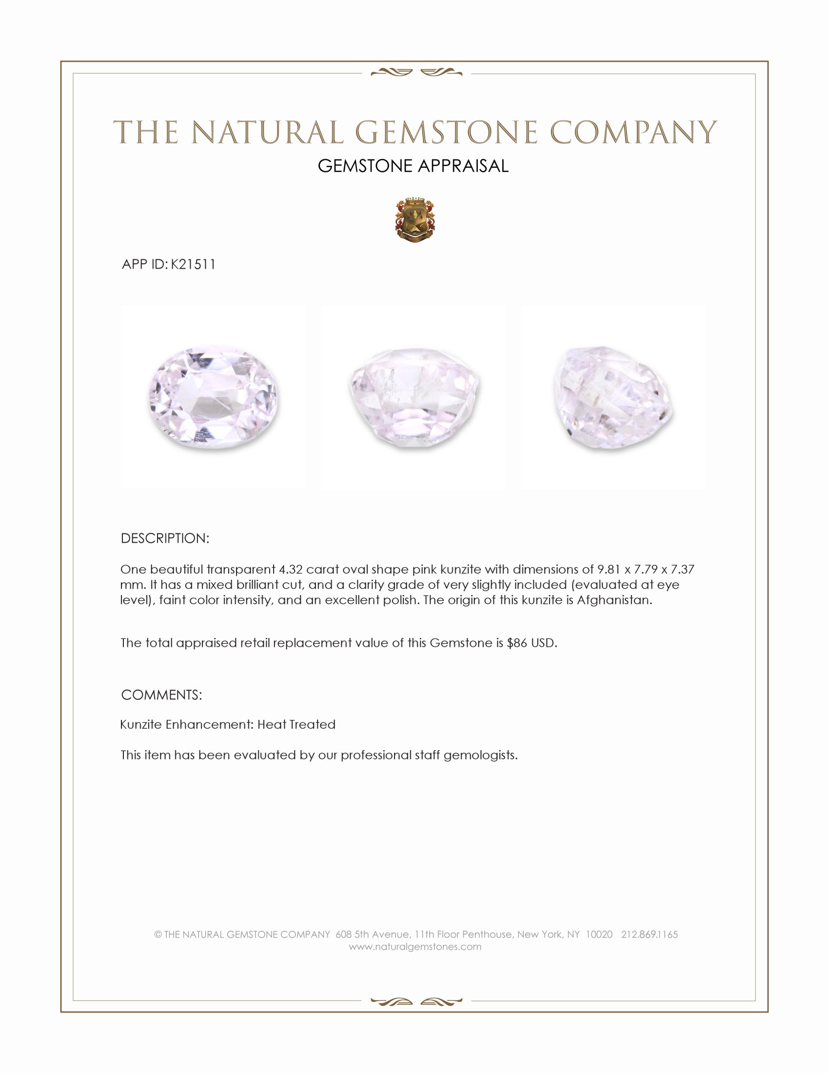 4.32 Ct. Kunzite from Afghanistan