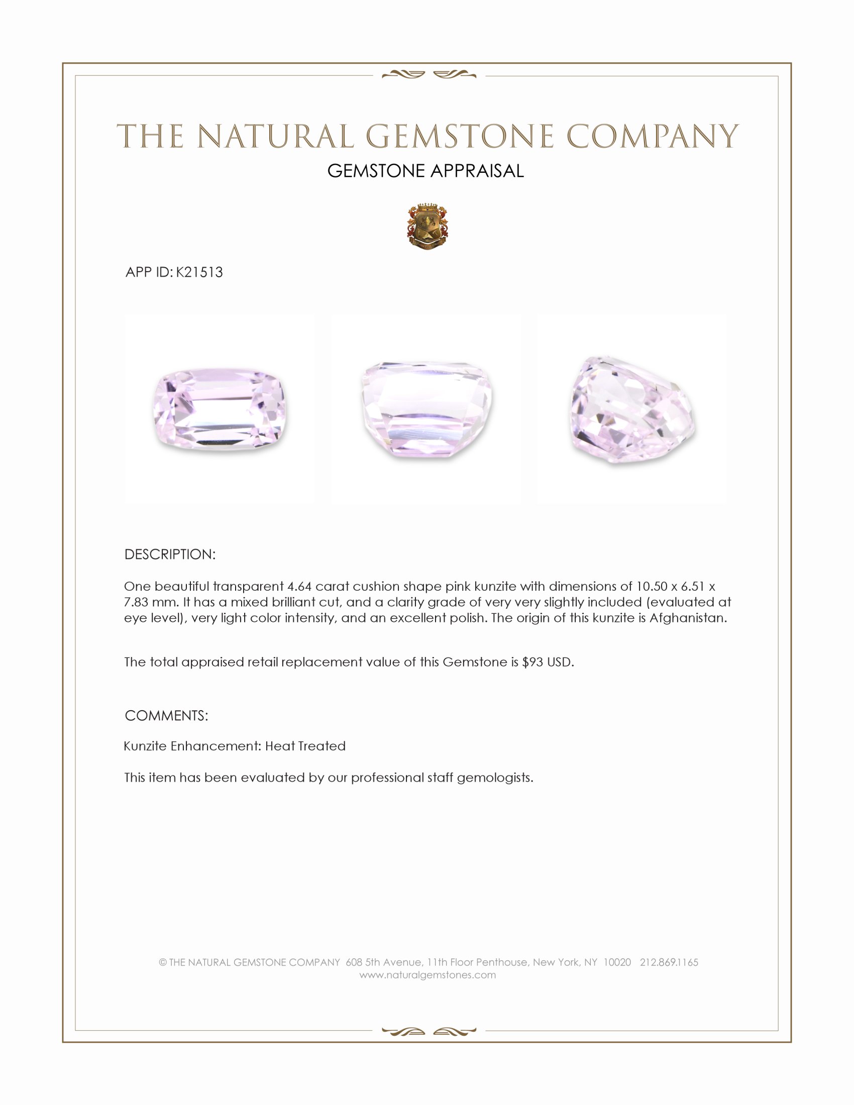 4.64 Ct. Kunzite from Afghanistan