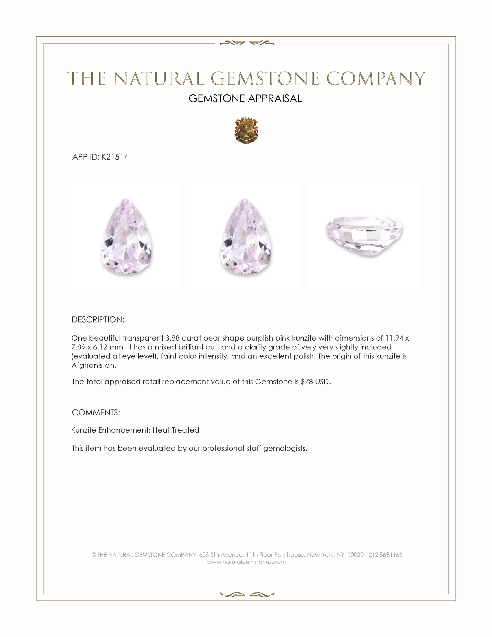 3.88 Ct. Kunzite from Afghanistan