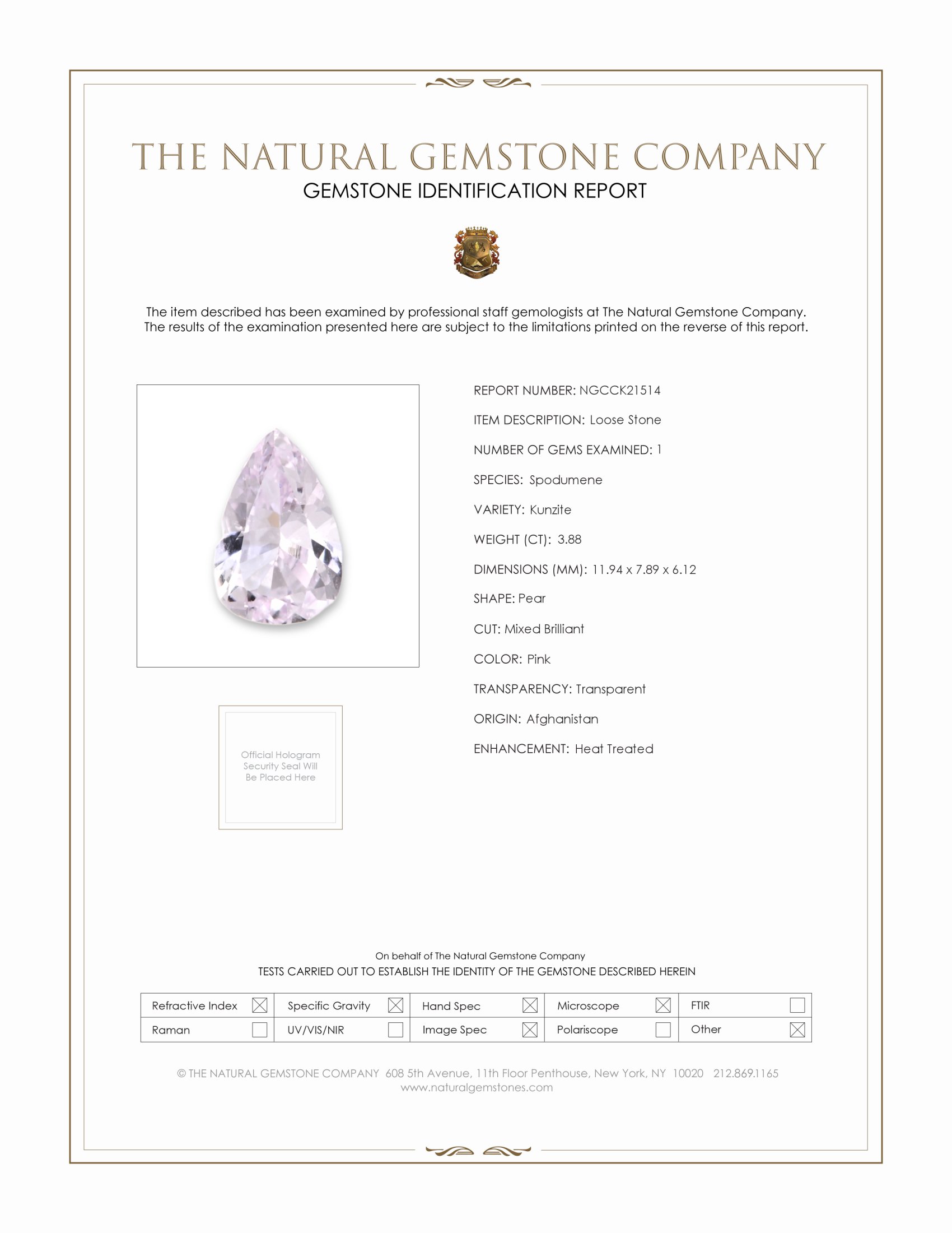 3.88 Ct. Purplish Pink Kunzite from Afghanistan