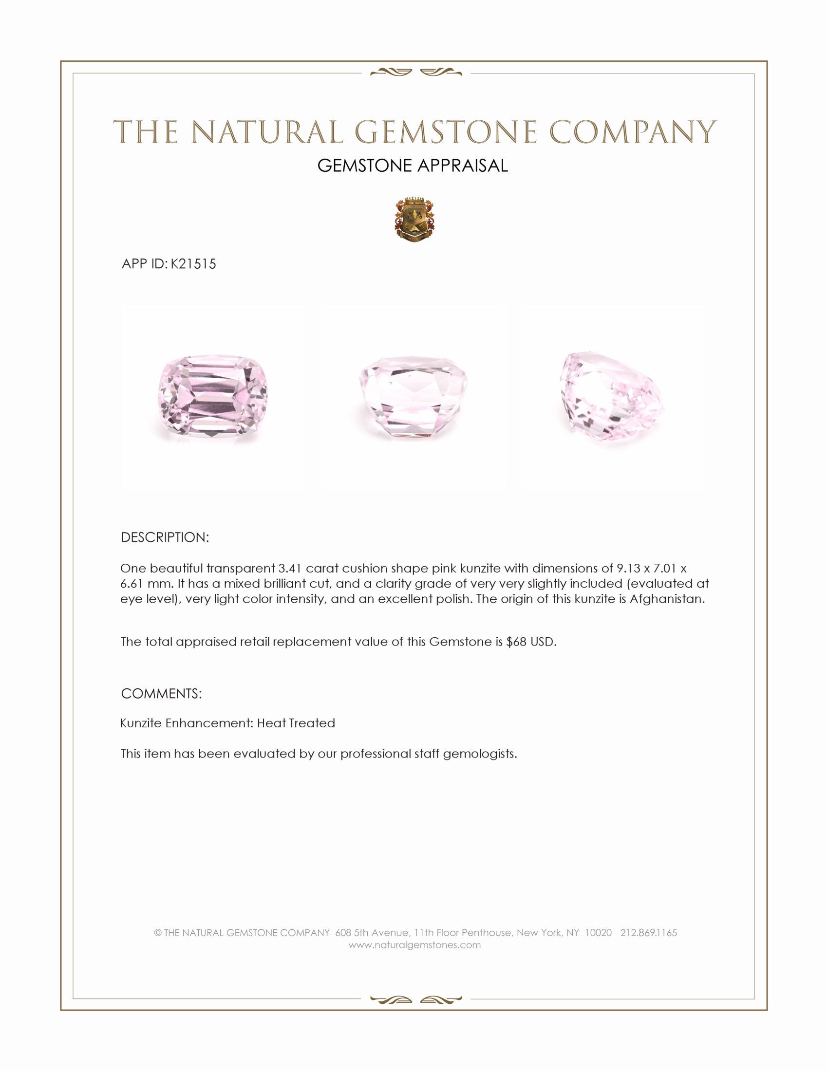 3.41 Ct. Kunzite from Afghanistan