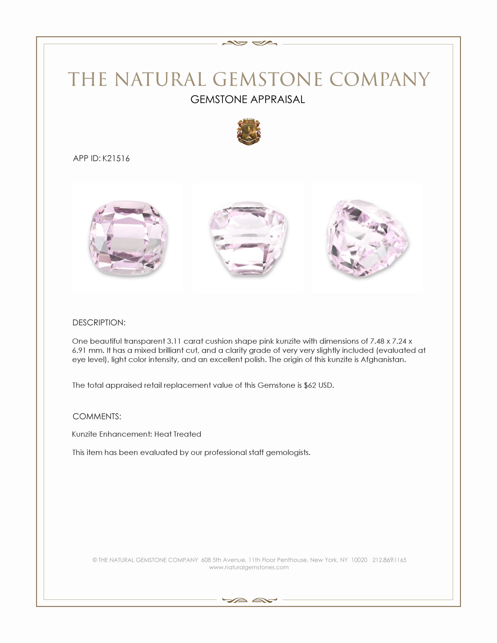 3.11 Ct. Kunzite from Afghanistan