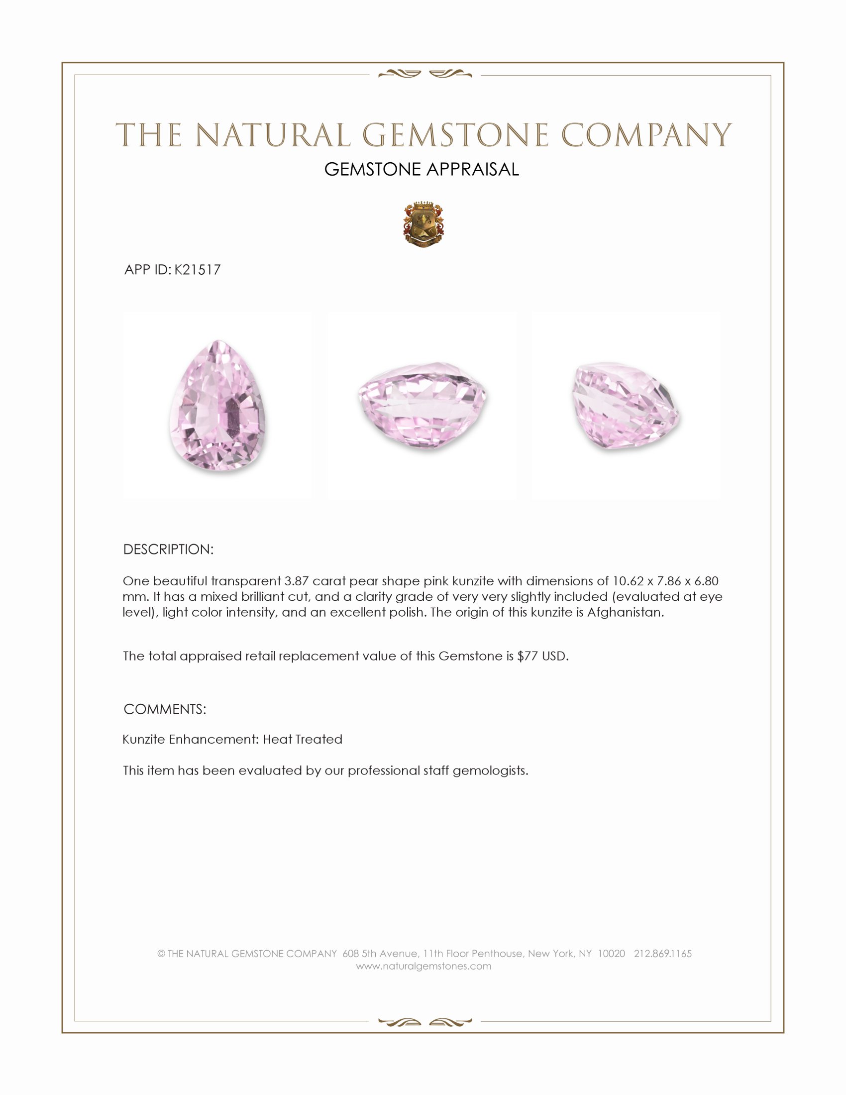 3.87 Ct. Kunzite from Afghanistan