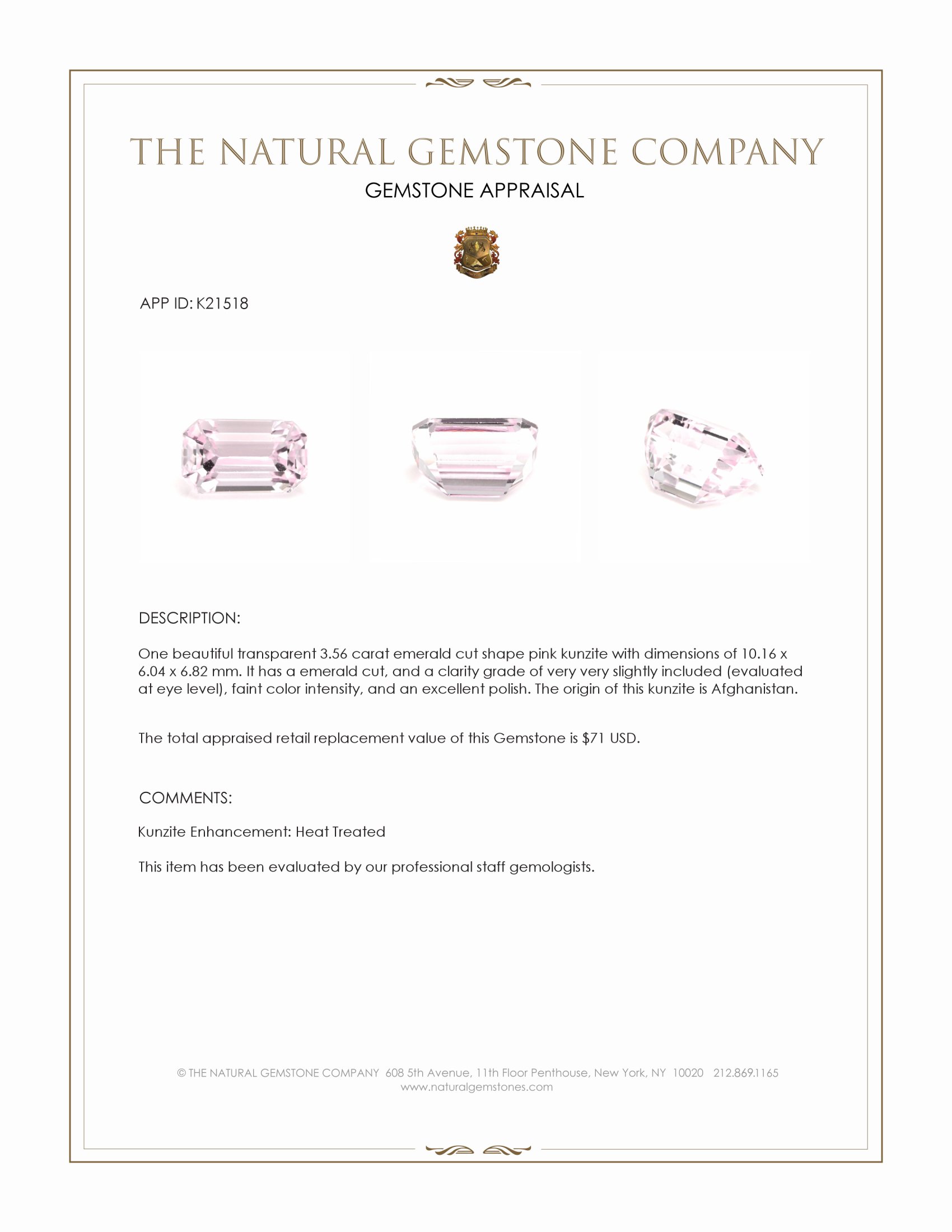 3.56 Ct. Kunzite from Afghanistan